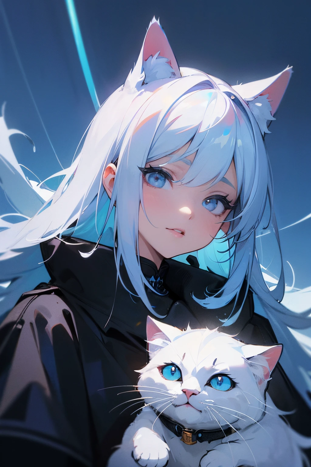 (hight resolution,Masterpiece:1.2),Vivid colors,beautiful detail eyes,beautiful detailed lips,long eyelashes,black coat,fluffy fur,cute expression,Feline Grace,Let's move on to the camera,on a blue background, Neon, night time, ciberpunk, white hair