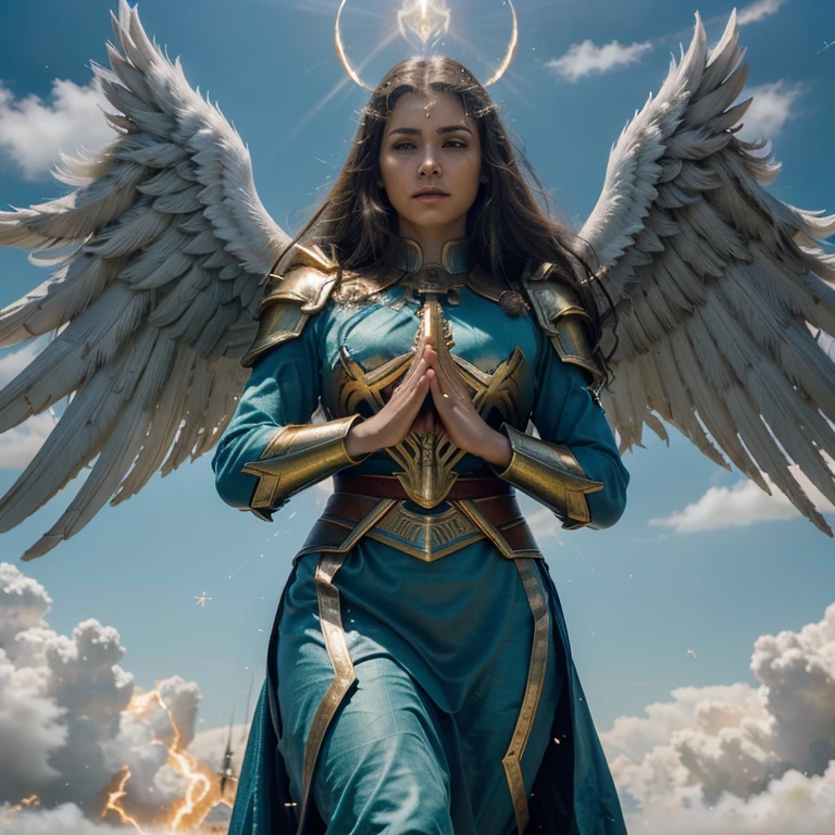 (best quality,4k,8k,highres,masterpiece:1.2),ultra-detailed,(realistic,photorealistic,photo-realistic:1.37),divine warriors,ethereal figures,glorious beings,radiant warriors,celestial soldiers,heavenly guardians,angelic fighters,celestial combatants,(golden armor,shimmering armor),mighty swords,heavenly light,floating feathers,majestic wings,divine aura,(epic battle scene,epic confrontation),godly power,valor and strength,holy symbols,(dramatic pose,dynamic stance),epic victory,heavenly background,fiery explosions,vibrant energy,divine intervention,luminous halos,pure white clouds,transcendent beauty,lush green fields,peaceful tranquility,serene atmosphere,sacred mission,saving the world,defending the innocent,healing the wounded,upholding justice,guardians of the heavens,unwavering determination,unbreakable spirit,eternal glory,eternity,angels flying,heavenly host,celestial realm,immortal presence,empowering the weak,restoring balance,unleashing supernatural powers,victory against darkness,hope and courage,heroic destiny,saving souls,angelic choir,heavenly harmonies.