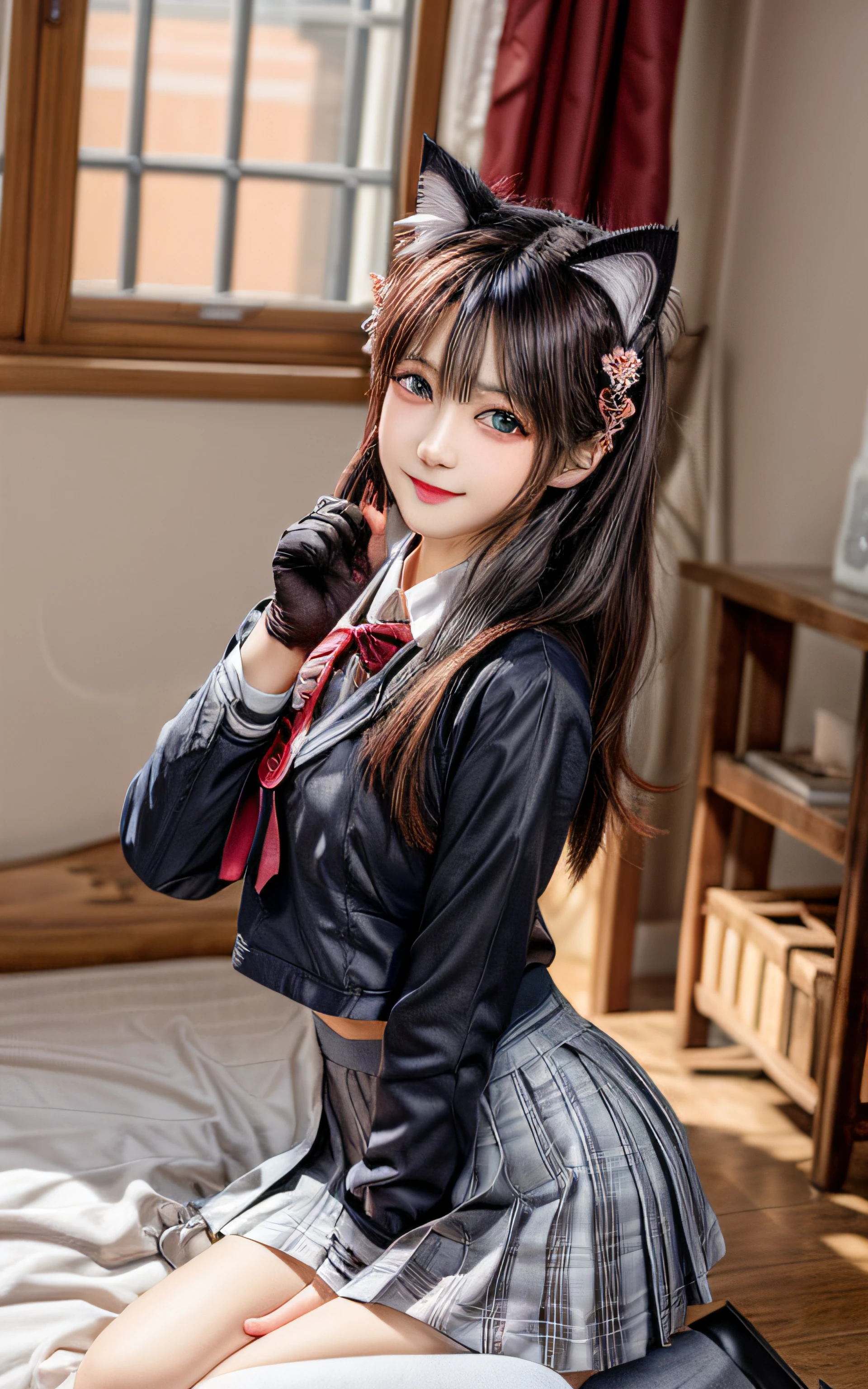 (masterpiece, best quality), 1 beautiful girl, cat ears, smile, slim body, (school uniform:1.1), (detailed beautiful eyes), paw gloves, bedroom, indoors,
