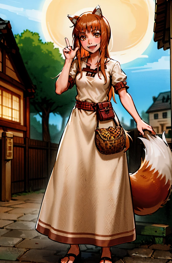 (holo:1.5), (holoBrownDress:1.5), masterpiece, best quality, absurdres, 1girl, looking at viewer, standing, cowboy shot, outdoors, medieval, cobblestone street, town, pouch, sash, smile, fruit, apple, basket,mediumbreast, curvy, silver hair, white hair, full body, flipflops,fangs, teeths,