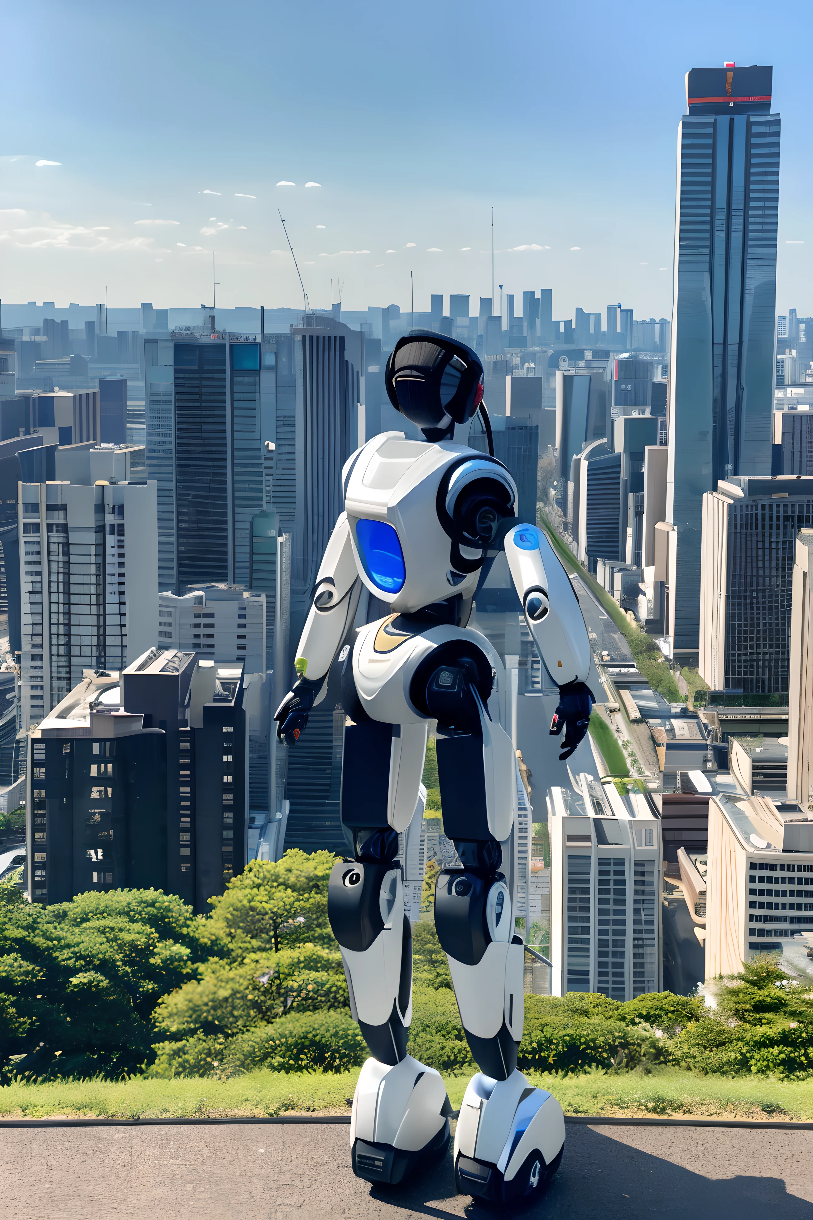 Image of a humanoid robot equipped with AI looking at the scenery of Tokyo