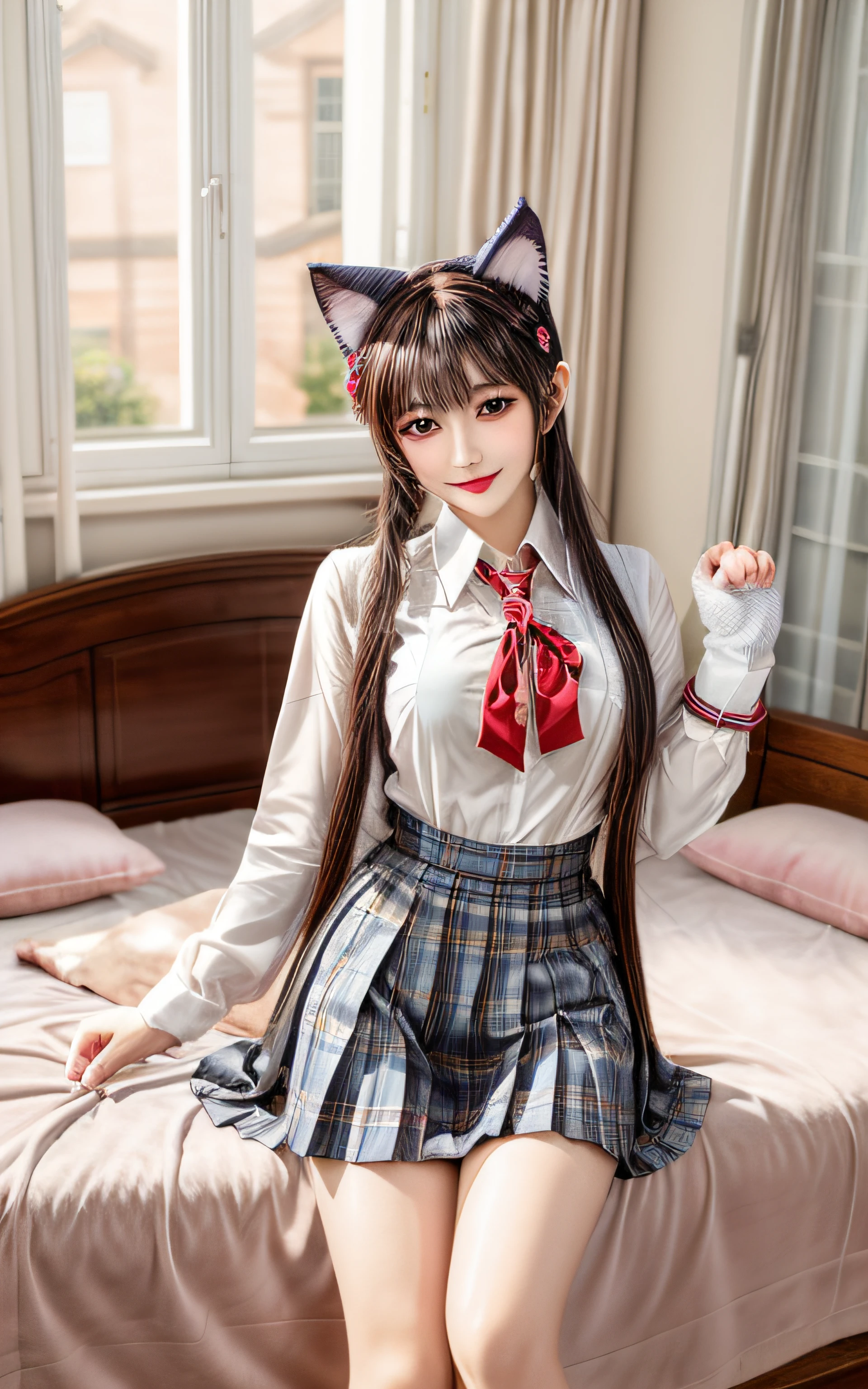 (masterpiece, best quality), 1 beautiful girl, cat ears, smile, slim body, (school uniform:1.1), (detailed beautiful eyes), paw gloves, bedroom, indoors,