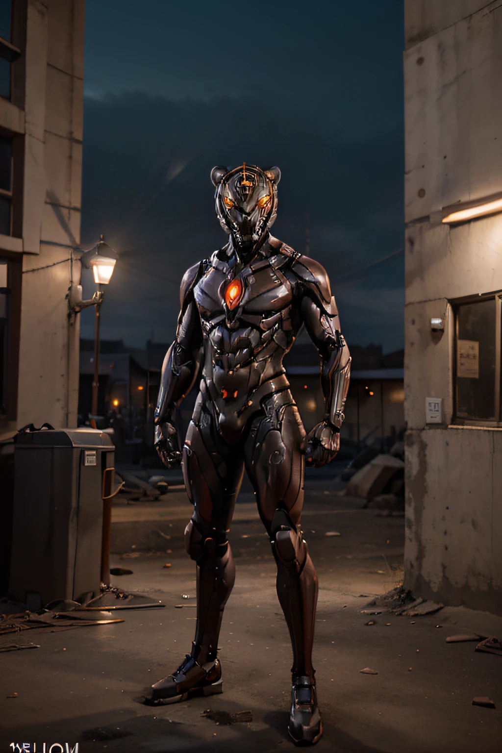 The scene is bright and "full body shot". It looks like a tiger-headed humanoid robot with a height of 190cm and a sturdy build. It has a tail, a tiger face tattoo pattern on its face, and its eyes emit dark red light; its skin is made of titanium alloy metal structure with many details and complex body. Metallic reflection; exquisite and delicate 8K realistic photos
