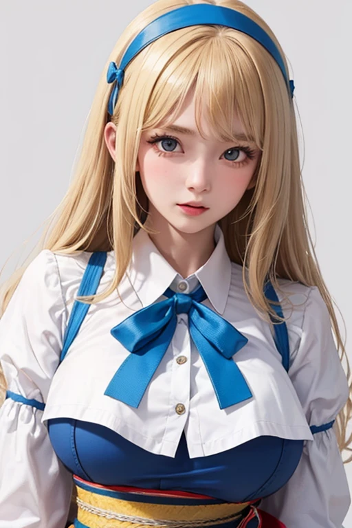 (8K), Sharp Focus, hight resolution, 1girl in, Alice, Upper body, Alice Def, Blonde hair, (sash, Bow, Hair Band), huge-breasted, Dress, (High quality:1.2), (high detailing:1.2), (masutepiece:1.2), (Extremely detailed:1.2),