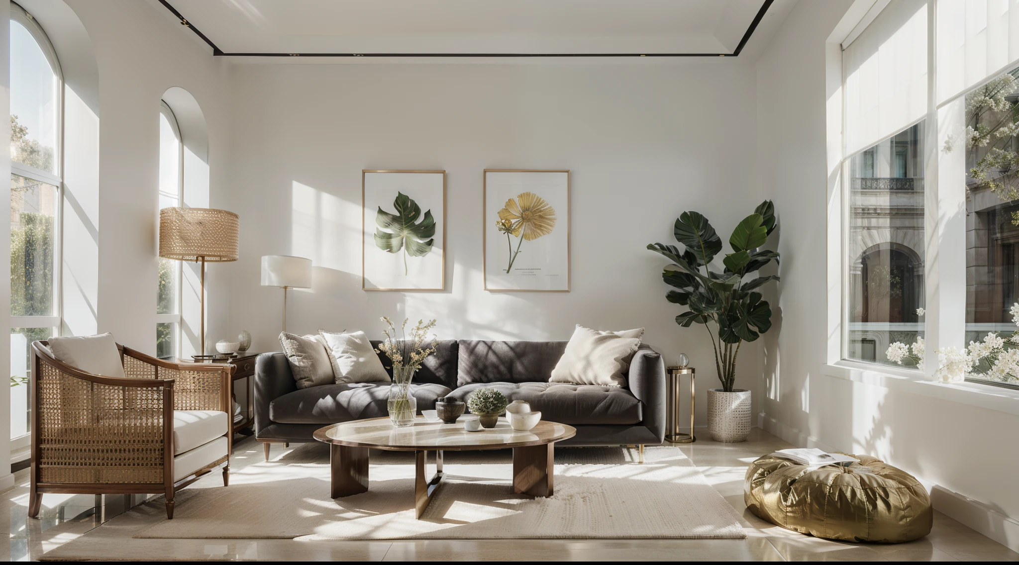 minimalist living room，Rare flowers and plants（1:0.05），sun's rays，No main light design，an award winning masterpiece，Incredible details Large windows，highly  detailed，Harper's Bazaar art，fashion magazine，fluency，Clear focus，8K，rendering by octane，