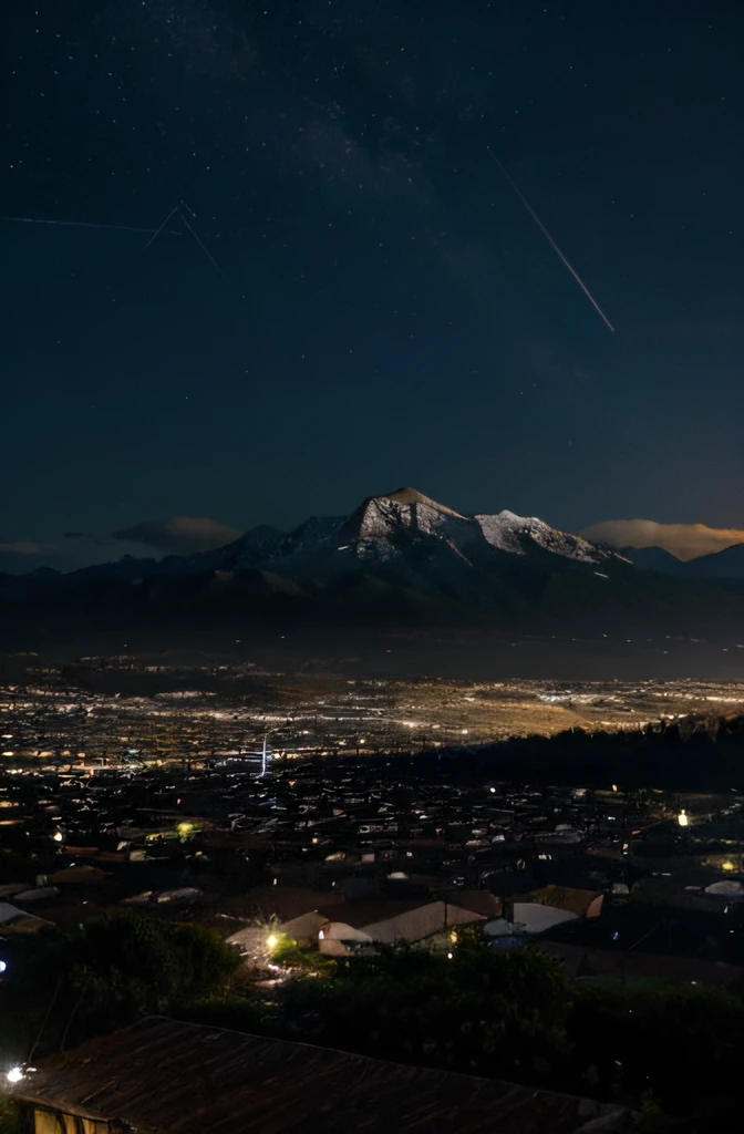 paisajes actractivos, Mountains, cielo estrellado, small town in the distance, ((noche))