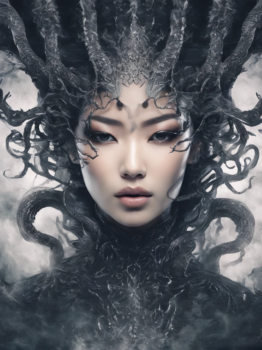 (masterpiece), scary, dark, spooky, underwater foggy liquid swirling void, best quality, front view, demonic, asian 18 yo teenage girl liu wen, shaved eyebrows, with large black ram horns, , a large serpent and slimy tentacles wrapped around her shoulders. moody dramatic lighting, stormclouds, rainstorm, lightning, smoky swirling fog environment, ambiguous smoke background, wide-angle shot, wide-angle shot, dramatic angle, extreme angle shot, vignette, surreal nightmare,