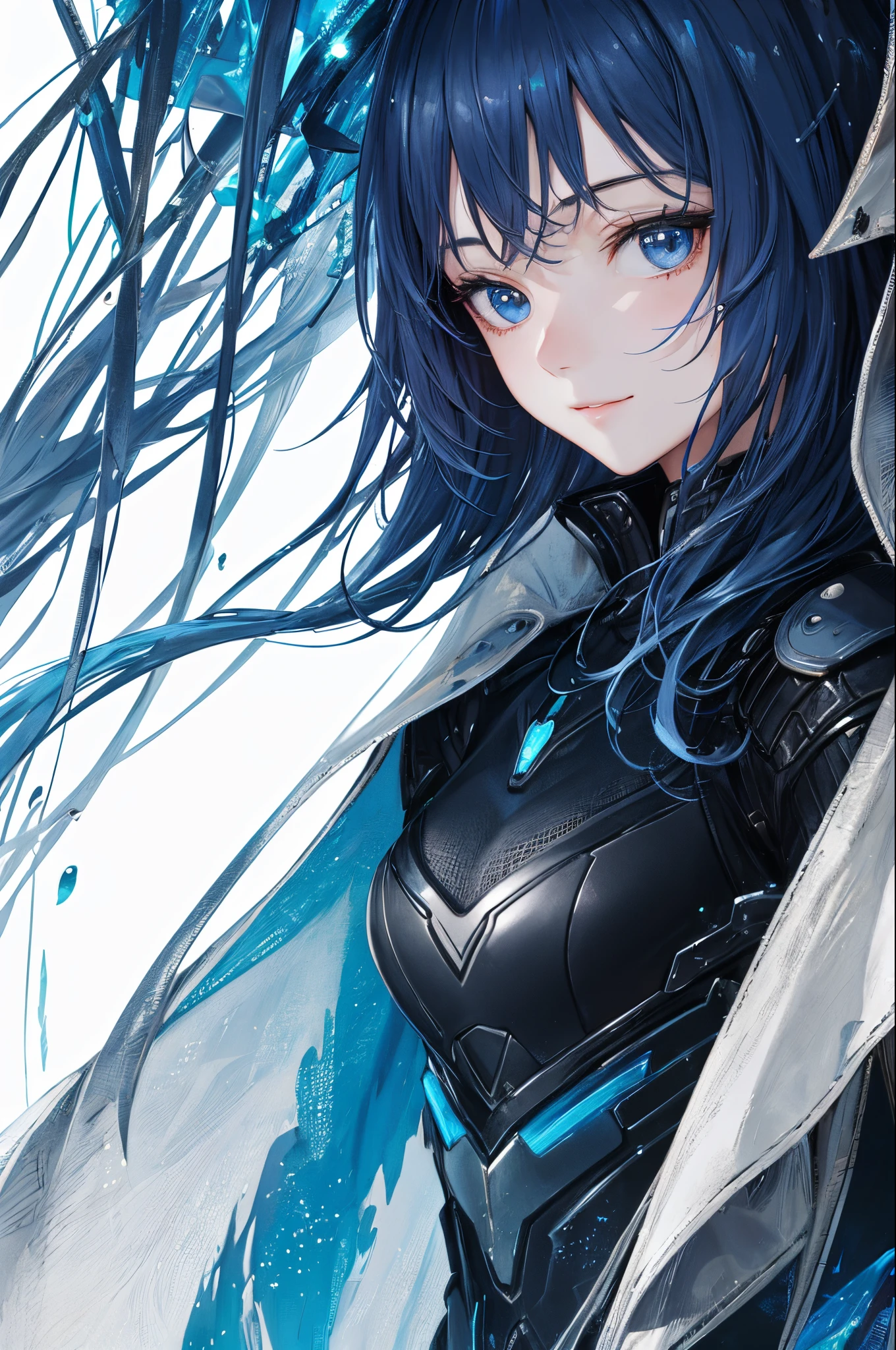 top-quality、Top image quality、masterpiece、超A high resolution、android beautiful girl、sixteen years old, Cybersuit glowing black, The source of the red energy in the chest、Blue hair、short-haired,Blue eyes、A slender、Gentle smile、The face is depicted in detail、The eyes are drawn in great detail、The clothes are also depicted in detail、hiquality、Beautiful Art、Fantastic Universe、Elaborate design、More background、soio、A warrior、animesque、illustratio、Full body front