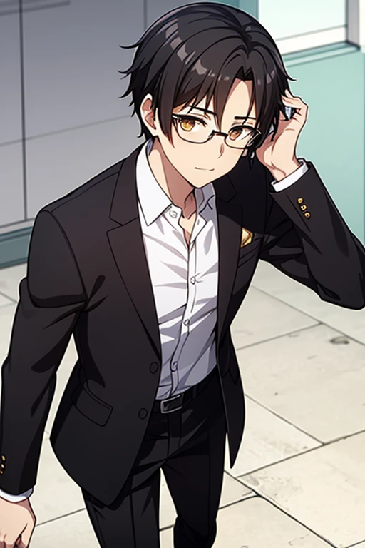young male, black hair, gold eyes, glasses, black jacket, white dress shirt, black pants, grey shoes