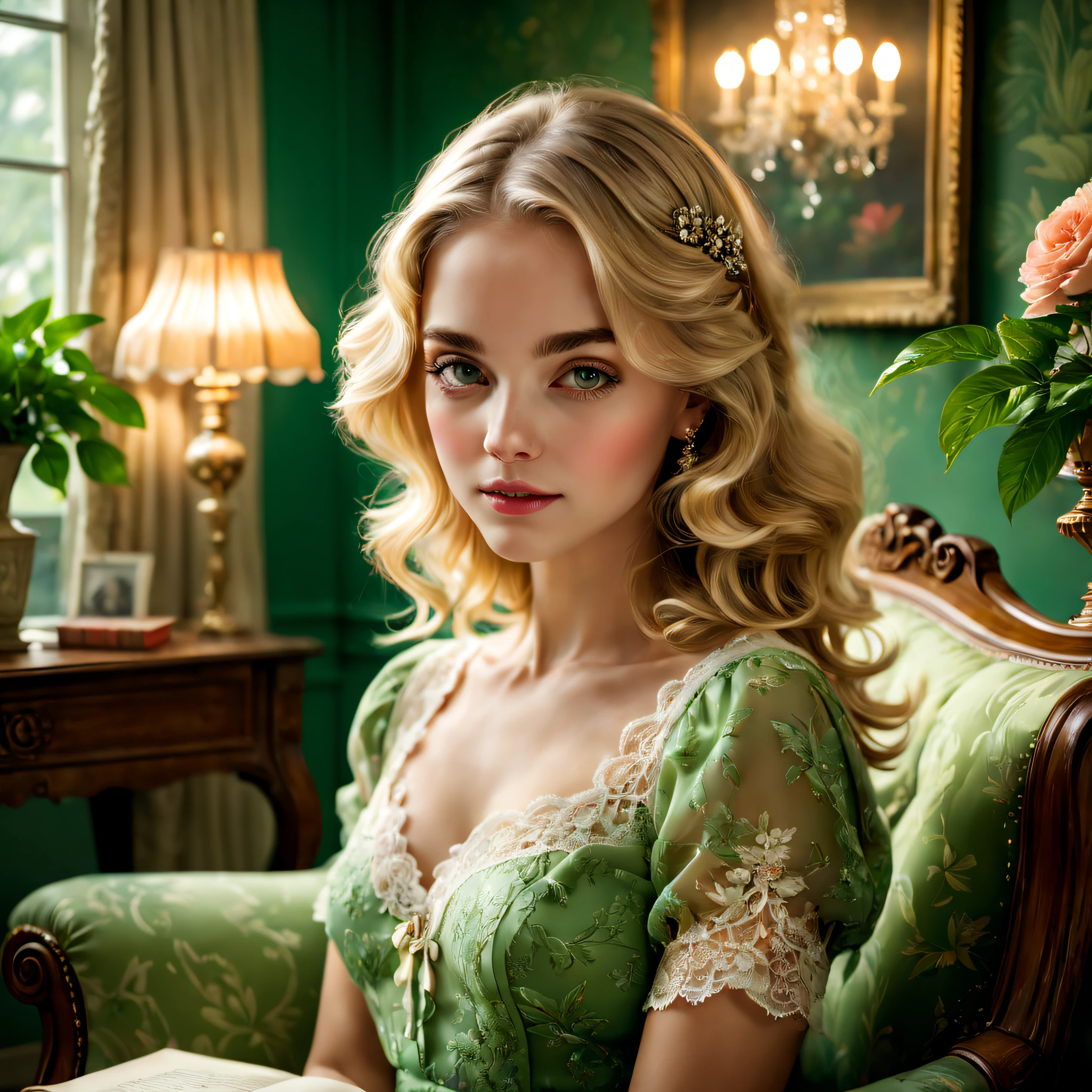 (best quality,4k,8k,highres,masterpiece:1.2),ultra-detailed,realistic,photorealistic:1.37,high-key lighting,Lomo photography,vivid colors,soft focus double exposure,girl portrait,cozy atmosphere,retro style,comfortable sofa,floral pattern wallpaper,vintage decor,fine art painting,lush green plants,soft natural light,delicate facial features,blonde hair with loose waves,innocent expression,dreamy gaze,lace dress,bookshelf filled with novels,old-fashioned desk with decorative items,sparkling chandelier,horizontal composition,subtle color grading,depth of field,quiet and peaceful setting,casual pose of the girl,romantic ambiance,tranquil mood,living room scenery