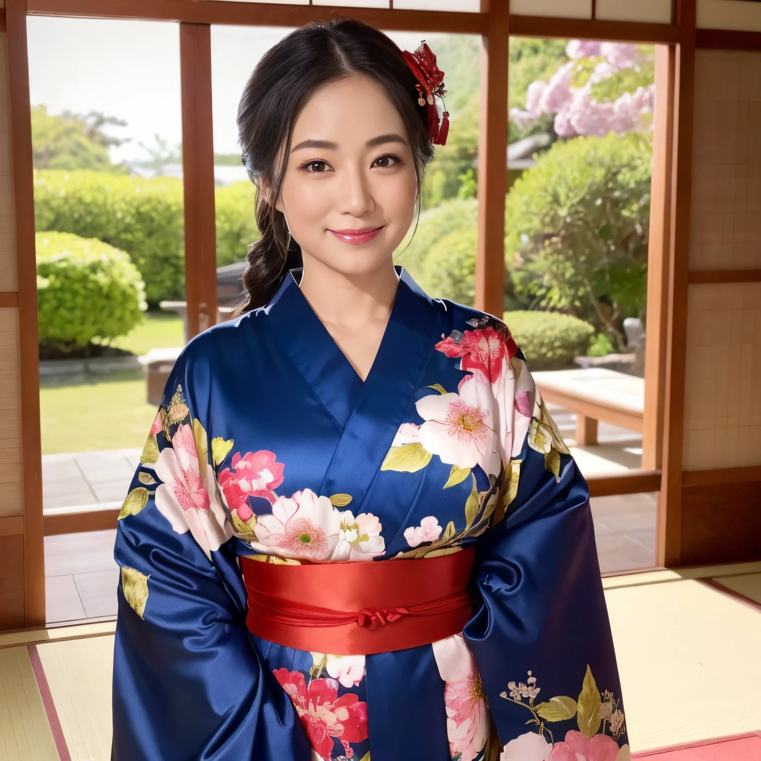 ((Best Quality, masutepiece, 超A high resolution、The most complex and detailed depictions、发光、Highly saturated、bright and highly saturated、vivid))、1人の女性、wearing a luxurious kimono、(((mournful、Sad smile、fleeting smile、sad Facial expression、saddened、Looks like you're about to cry)))、(Japanese-style elegant kimono、Elegant standing figure、standing elegantly)、Elegant kimono、Photographing from the waist up、(((Staring at me、Perfect camera gaze、look at me perfectly)))、A detailed face、perfect glossy lips、perfect anatomia、Elegantly styled hair、She is wearing an elegant hairpin.、natural make up、A detailed face、face perfect、Beautiful fair skin、perfect shiny skin and hair、The background is an elegant Japanese room、Lush hairline、large full breasts、Fluffy kimono、The chest is open、No bra、Exposed thighs、Bold thighs