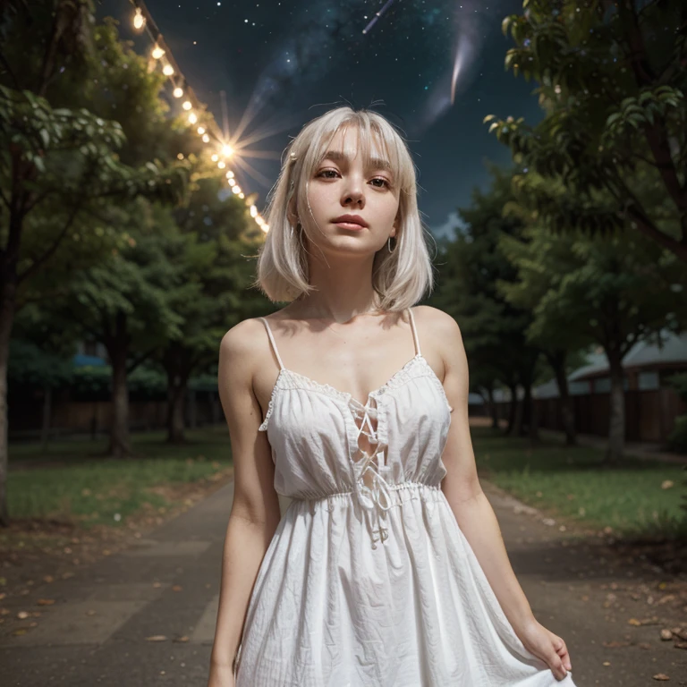 The background is a city, perfect white-haired girl, loli in dress, white-haired, white-haired god, cute anime waifu in beautiful clothes, gray-haired, best anime 4k konachan wallpaper, little curve loli, guvez on Pixiv ArtStation, white-haired girl, nightcore, standing on a tree, looking up at the stars, face super detailed