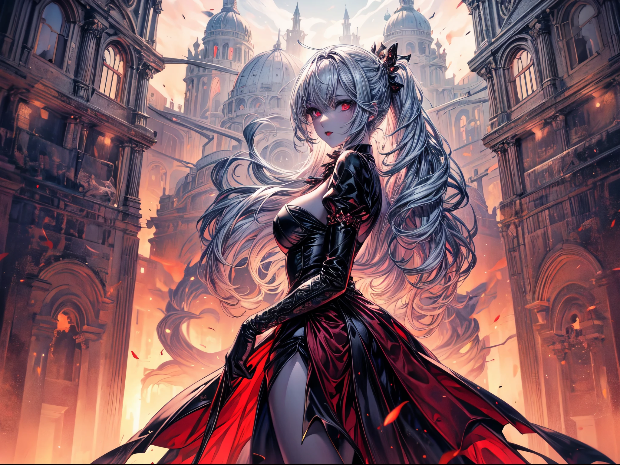 Fantasyart, The art of cosplay, photore, raw, (ultra - detailed: 1.5), It is better to be detailed, Photo of a female vampire standing in the Holy City. Peter in the Vatican, Exquisite and beautiful female vampire, full bodyesbian, (best detail face: 1.2), (gray colored skin: 1.2), Redlip, (vampire fangs 1:1) (Blood vessels are visible: 1.3), Hyper-feminine, blond hairbl, long whitr hair, Rich, floated hair,curlies, red luminous eyes, Wear a short skirt, silk dress, intricate detail dress, high-heels, Stand on St. Vatican City St. Peter's Square, natta, moon full, Stars in the sky, Yingshi. Peter's Square background, Best quality at best, (The is very detailed), super wide shot, photo-realism, depth of fields, hyper realisitc, 2.5 rendering,