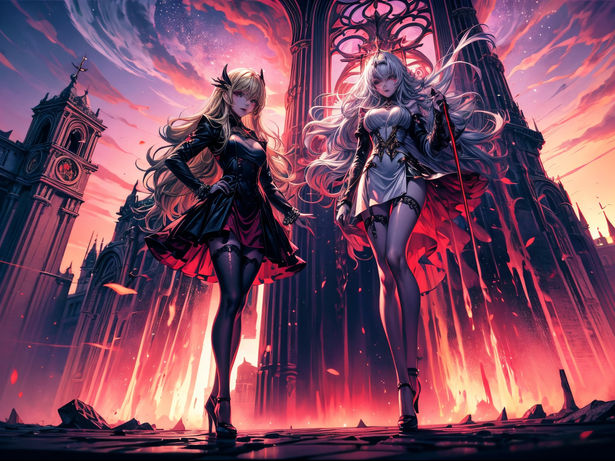 Fantasyart, The art of cosplay, photore, raw, (ultra - detailed: 1.5), It is better to be detailed, Photo of a female vampire standing in the Holy City. Peter in the Vatican, Exquisite and beautiful female vampire, full bodyesbian, (best detail face: 1.2), (gray colored skin: 1.2), Redlip, (vampire fangs 1:1) (Blood vessels are visible: 1.3), Hyper-feminine, blond hairbl, long whitr hair, Rich, floated hair,curlies, red luminous eyes, Wear a short skirt, silk dress, intricate detail dress, high-heels, Stand on St. Vatican City St. Peter's Square, natta, moon full, Stars in the sky, Yingshi. Peter's Square background, Best quality at best, (The is very detailed), super wide shot, photo-realism, depth of fields, hyper realisitc, 2.5 rendering,