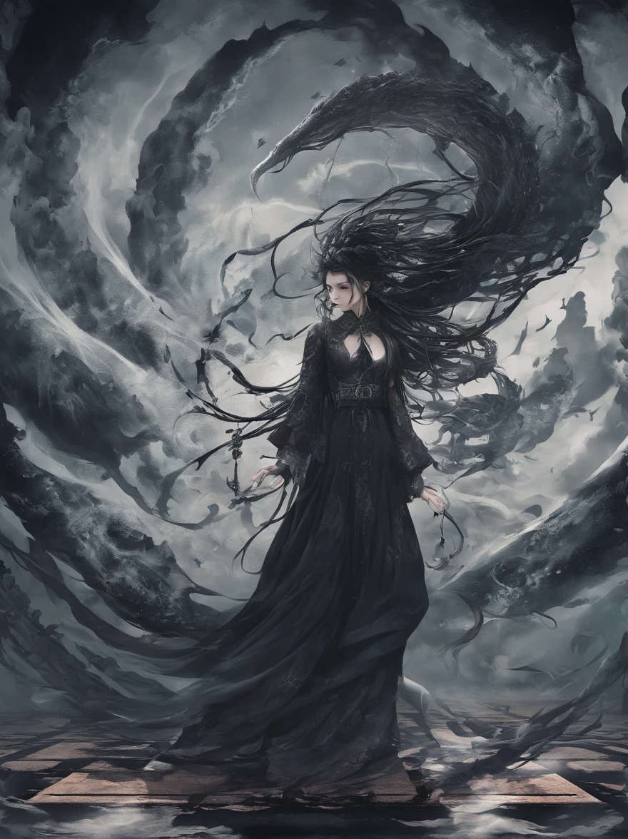 (masterpiece), scary, dark, spooky, underwater foggy liquid swirling void, best quality, front view, demonic, asian 18 yo age girl liu wen, shaved eyebrows, with large black ram horns, , a large serpent and slimy tentacles wrapped around her shoulders. moody dramatic lighting, stormclouds, rainstorm, lightning, smoky swirling fog environment, ambiguous smoke background, wide-angle shot, wide-angle shot, dramatic angle, extreme angle shot, vignette, surreal nightmare,