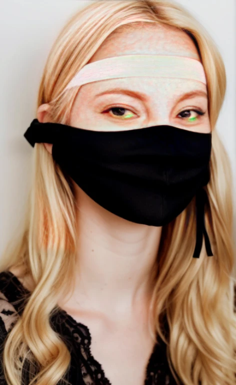portrait of a 23 years old blonde woman wearing a black sleepmask ad a blindfold and a long dress, calm smile, freckles.