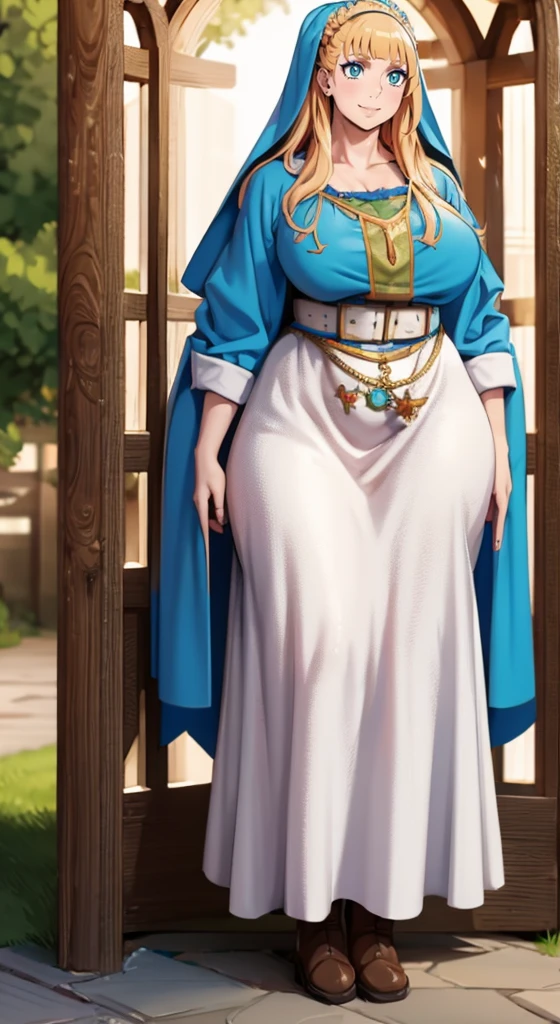 galko,1girl, solo, smile, full body, standing, long skirt, priestess, religious, holy, cute, blush, ,tall female, medieval clothing, white veil, tunic, long skirt,boots, huge brest, curvy,sexy, sensual, volouptouse, thicc, , jade green eyes, makeup, half lipstic,