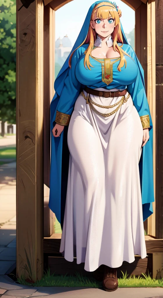 galko,1girl, solo, smile, full body, standing, long skirt, priestess, religious, holy, cute, blush, ,tall female, medieval clothing, white veil, tunic, long skirt,boots, huge brest, curvy,sexy, sensual, volouptouse, thicc, , jade green eyes, makeup, half lipstic,