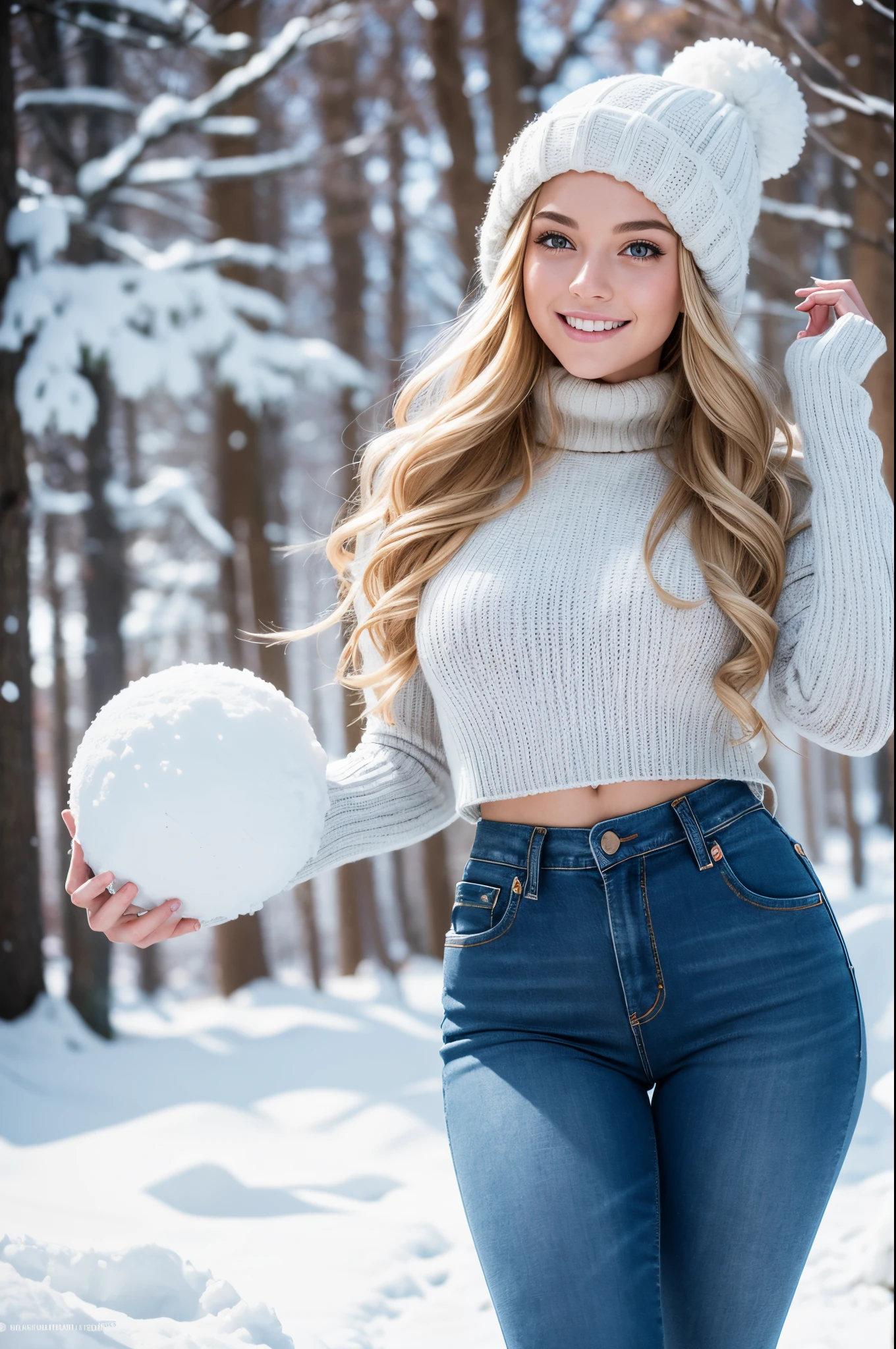 UHD, masterpiece, 1 gorgeous blonde woman with long wavy hair wearing a wool turtleneck sweater, a bonnet on the head and tight jeans pants, 23 years old, she’s a playboy magazine model, (throwing snowballs:1.0), having a great fun playing Snowball Fight, smile, happiness, canon 85 mm, Light depth of field, Kodak Ektar 200, perfect fit body, extremly detailed, Kodak gold 200