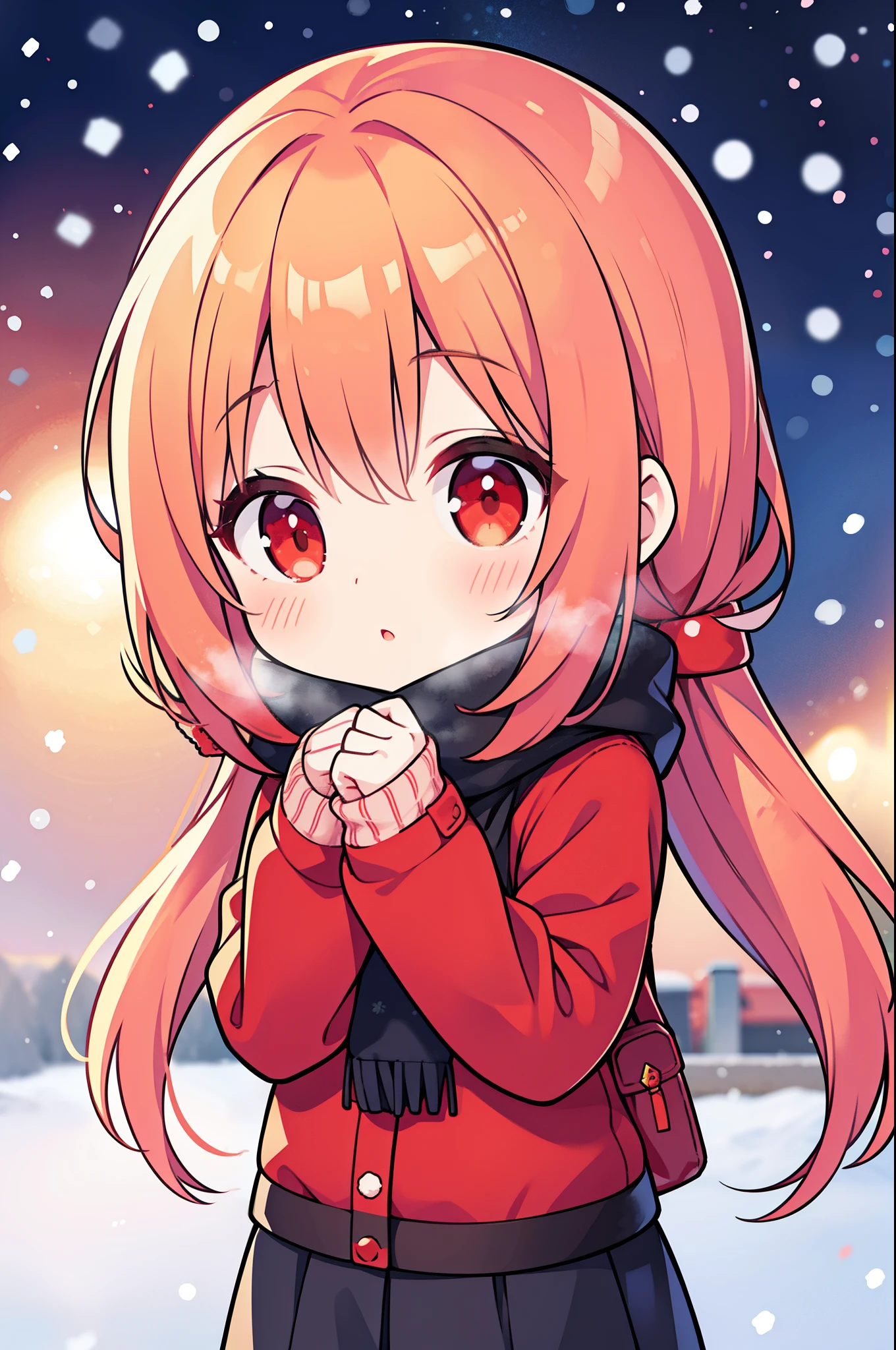 Anime style, 1 girl, winter, warm clothes, red cheeks, red nose, snowing, Background: winter