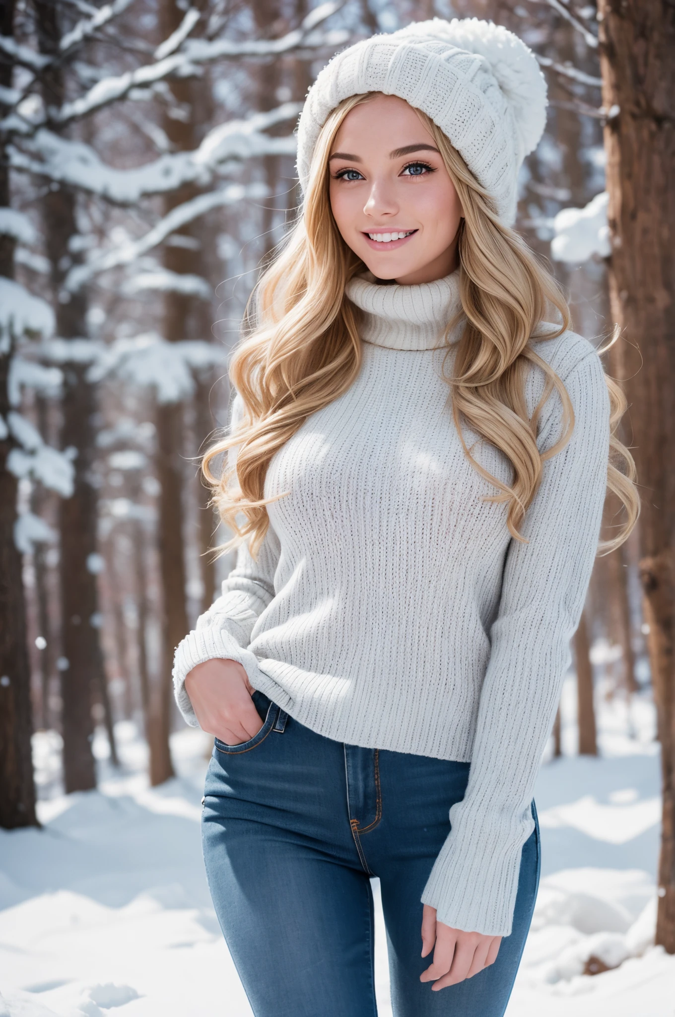 UHD, masterpiece, 1 gorgeous blonde woman with long wavy hair wearing a wool turtleneck sweater, a bonnet on the head and tight jeans pants, 23 years old, she’s a playboy magazine model, (throwing snowballs:1.0), having a great fun playing Snowball Fight, smile, happiness, canon 85 mm, Light depth of field, Kodak Ektar 200, perfect fit body, extremly detailed, Kodak gold 200