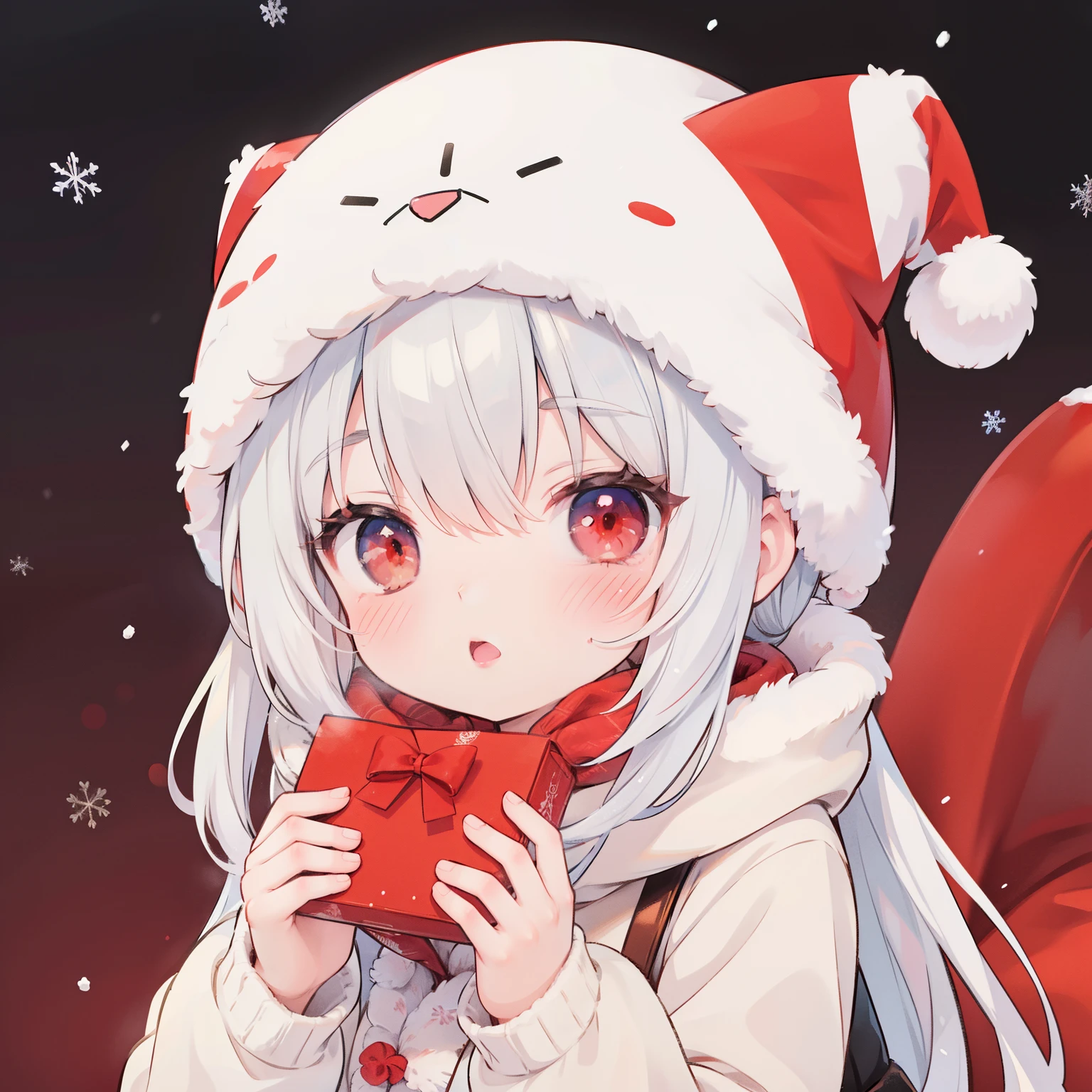 Anime style, 1 girl, winter, warm clothes, red cheeks, red nose, snowing, Background: winter