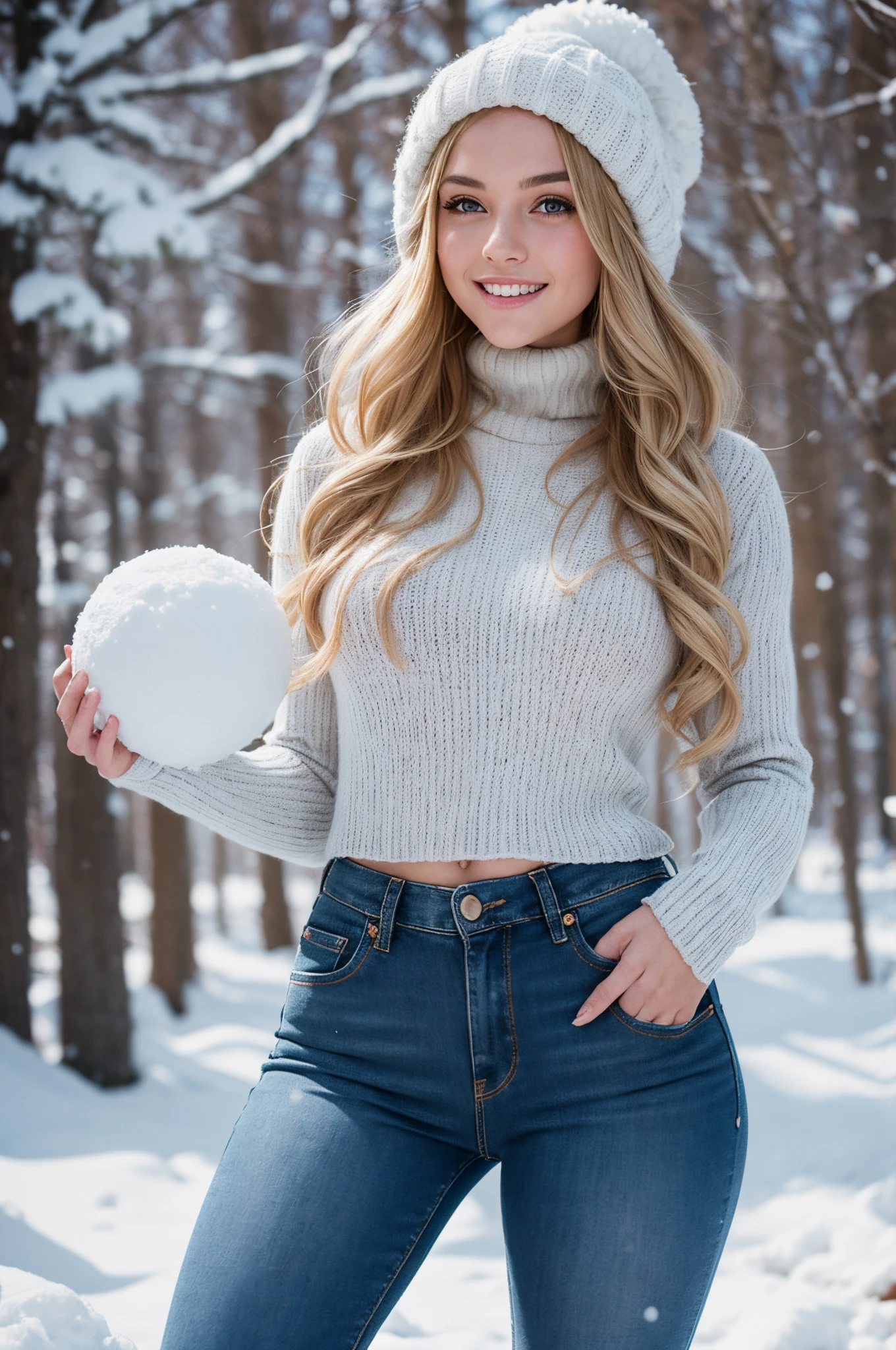 UHD, masterpiece, 1 gorgeous blonde woman with long wavy hair wearing a wool turtleneck sweater, a bonnet on the head and tight jeans pants, 23 years old, she’s a playboy magazine model, (throwing snowballs:1.0), having a great fun playing Snowball Fight, smile, happiness, canon 85 mm, Light depth of field, Kodak Ektar 200, perfect fit body, extremly detailed, Kodak gold 200