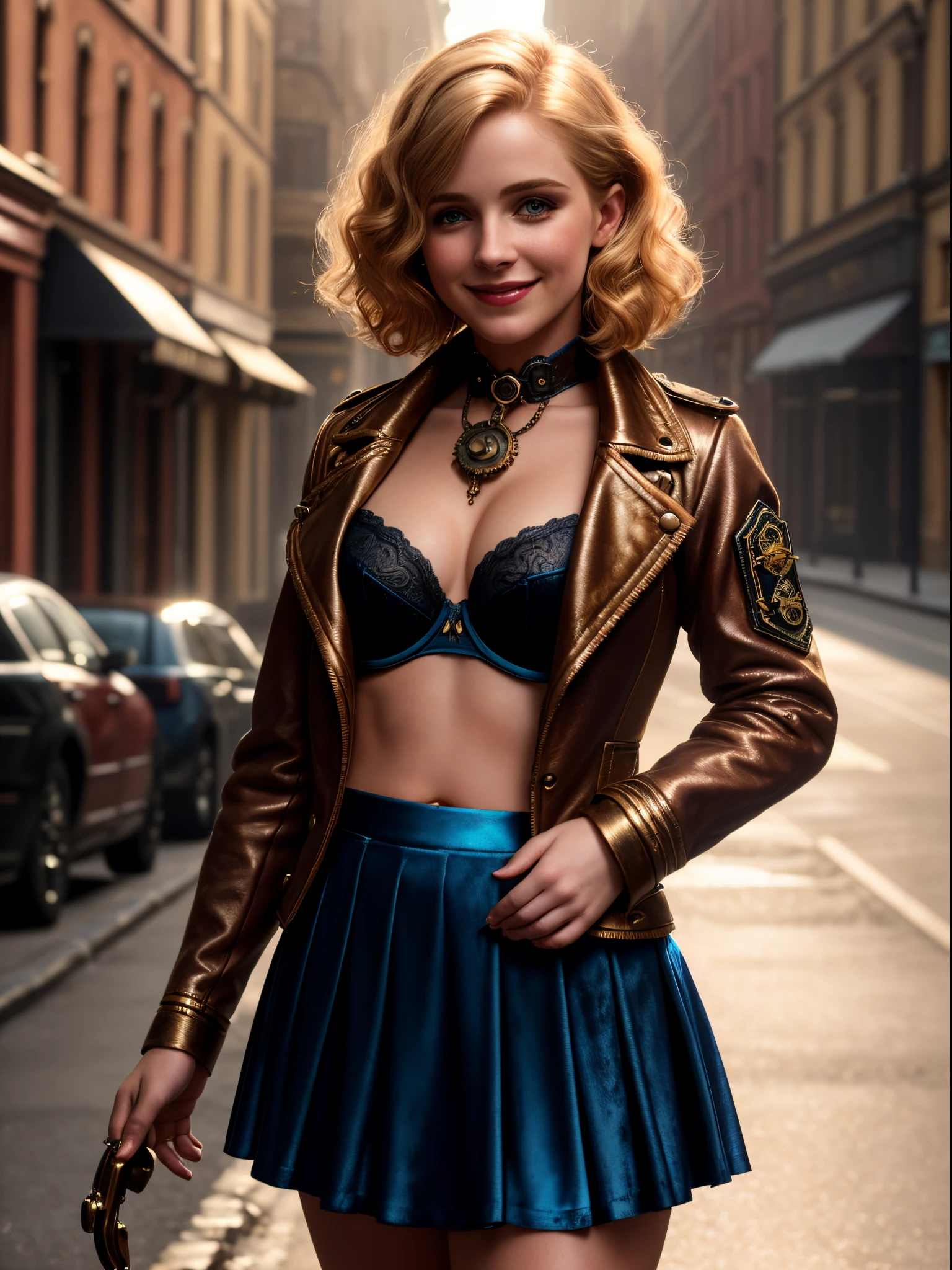 Realistic, Photorealistic, high quality,  raw photo, depth of field, 35mm, film grain,  analog photo style, isometric, bottom view, beautiful woman, (standing on steam urban street), short golden hair, (realistic steampunk velvet azure military jacket and very short skirt), openwork bra, vibrant color details, dynamic composition, vintage aesthetic, Intensed eyes, cute sexy, pleasure, deep shadows, cinematic light, little smiling, spotlight, extremely detailed