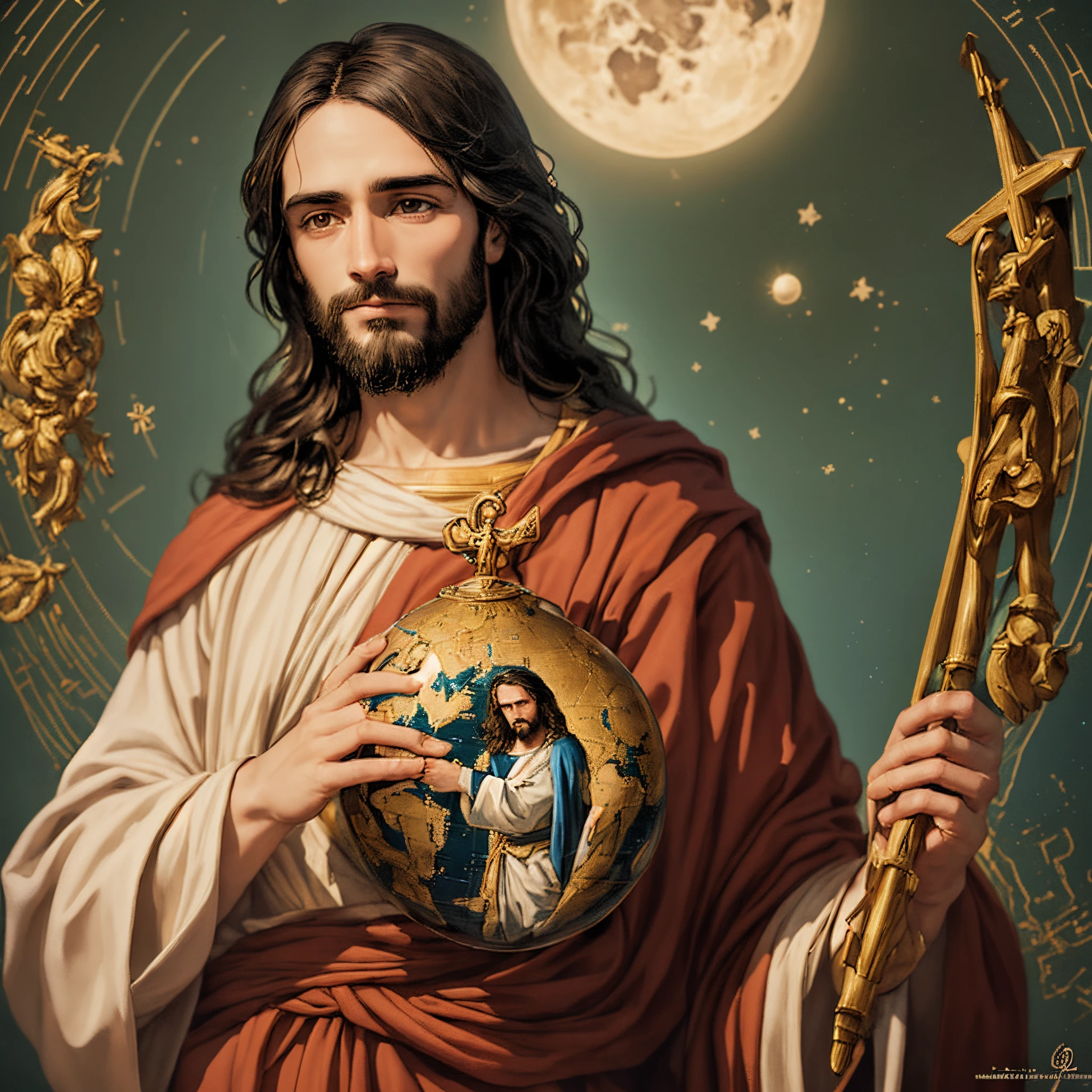 Jesus segurando um globo com lua cheia ao fundo, creation of the world, Jesus Cristo, Cyberpunk Jesus Cristo, Retrato de Jesus Cristo, Jovem Deus Todo-Poderoso, Jesus Cristo em Mass Effect, governante do mundo, Jesus, imagens sagradas, O Criador da Terra, holding holy symbol, catholic religious art, holding a holy symbol, jesus of nazareth