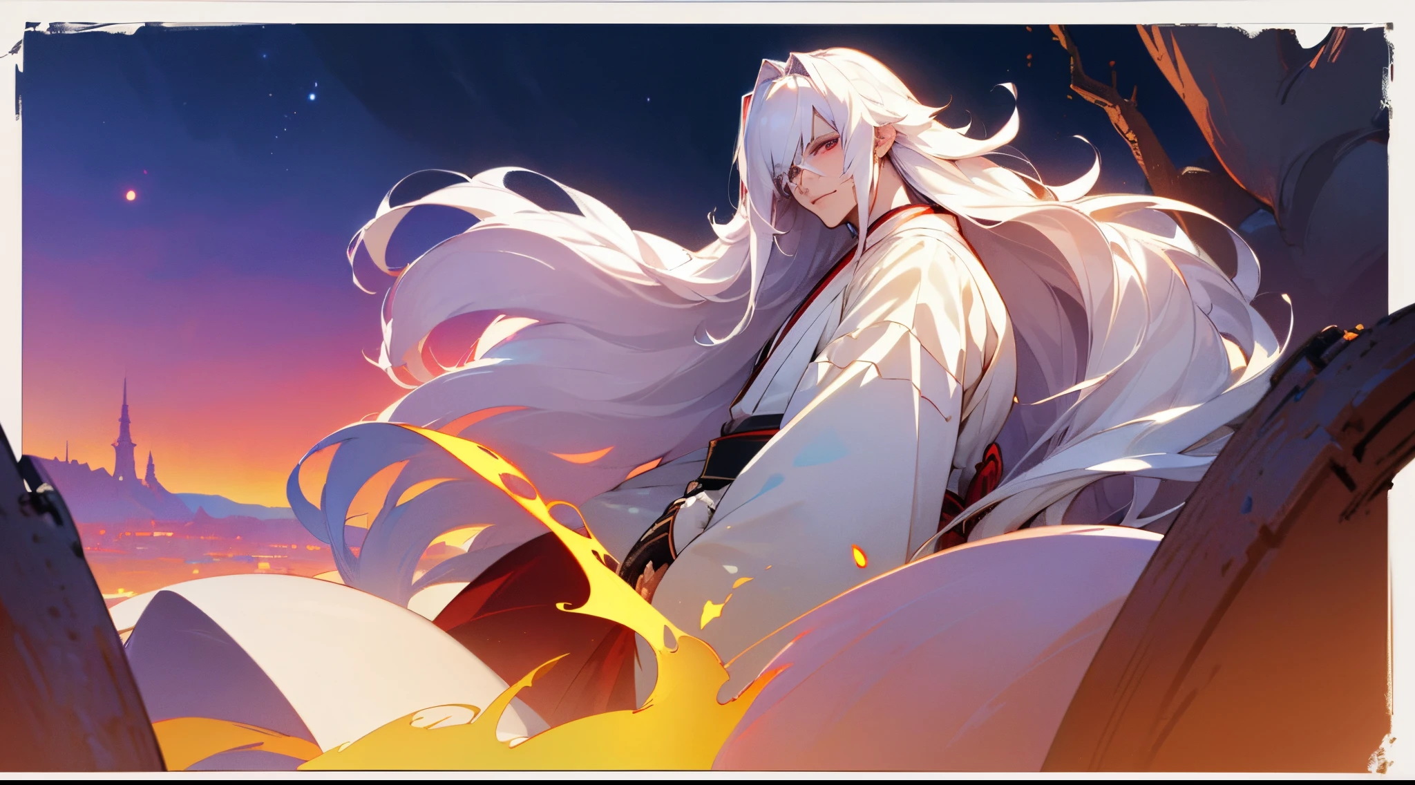 Anime - stylistic image of a man with long white hair, Man with white long hair standing in the lake and looking at the camera, ((tmasterpiece)), ((beste-Qualit, hight resolution, ultradetailed), bright colours, ((((1 male)))), Male character, grown up, tall muscular guy, wide shoulders, Strong Character, Fantasy, dnd, person, red-eyes, albino, (4 eyes:1.5), 2 Pairs of eyes, The Albino Man, Pure White Long Hair, White long hair (hair above one eye), (big hair), white colored hair, slick hair, straight hair, Creating an atmospheric atmosphere, pale skin, macabre, Gloomy design, Has red smoke and aura, eldritch, Creepy, nightmarish, light around the head, Additional lighting, Against the background of the sky, Beautiful and harmonious scene, Exquisite animation, Rich Details (width 672), hiquality, Четкость 4K, 4K Art Wallpaper, Stunning Anime Landscape, 8K Artistic Wallpaper, Anime - style of a beautiful sky scene with a star and planet, cosmic sky. makoto sinkai, Anime Art Wallpapers 4K, in a white kimono, looks at the viewer, canny smile, smirk, muscular back, Men's Back, white-haired god, White silk garment, Gold Pattern, BREAK, Dynamic posture