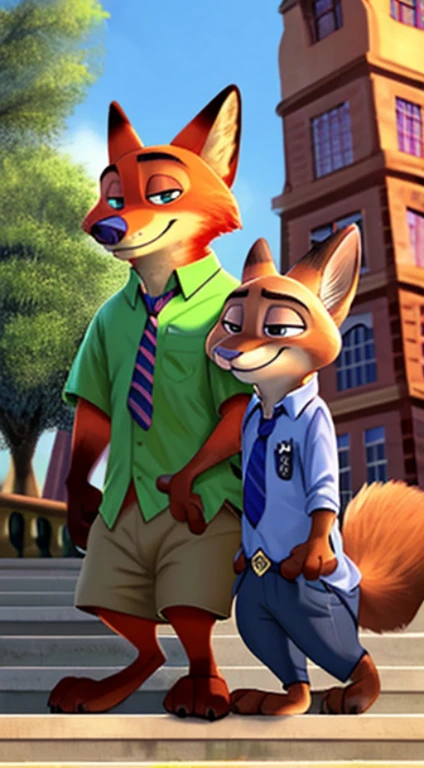 Cartoon fox wearing tie and shirt, 《Zootopia》Nick Wilde, Nick Wilde, Zootopia style, zootopia movie style, Disney Zootopia style, Zootopia Stairs, full body close-up shot, zootopia style, Disney style furry, zoo style, Disney Pixar Zootopia, in zootopia city, zootopia concept art