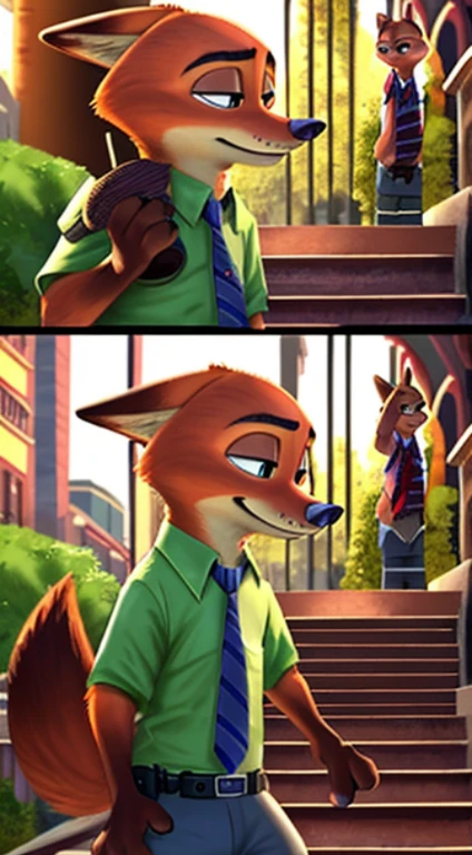 Cartoon fox wearing tie and shirt, 《Zootopia》Nick Wilde, Nick Wilde, Zootopia style, zootopia movie style, Disney Zootopia style, Zootopia Stairs, full body close-up shot, zootopia style, Disney style furry, zoo style, Disney Pixar Zootopia, in zootopia city, zootopia concept art