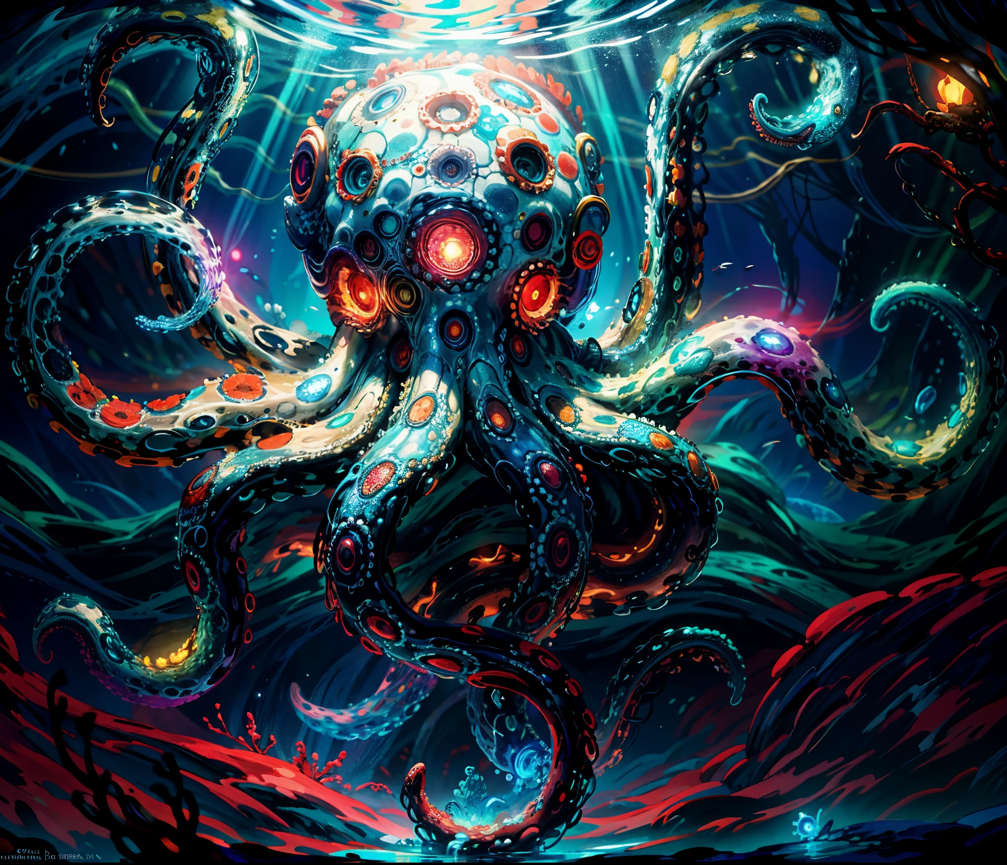 close shot of a mythical colorful octopus, big tentacles, shiny multicolored skin, detailed tentacles, detailed skin, the octopus is swimming under the sea, looking at viewer with the glowing eyes, blue and red and black skin, crystal, ,clear water,focus, alien underwater landscape background ,Detailed,Realistic,4k highly detailed digital art,octane render, bioluminescent,8K resolution concept art, realism,by Mappa studios,masterpiece,best quality,official art,illustration,ligne claire,(cool_color),perfect composition,absurdres, fantasy,focused,rule of thirds,