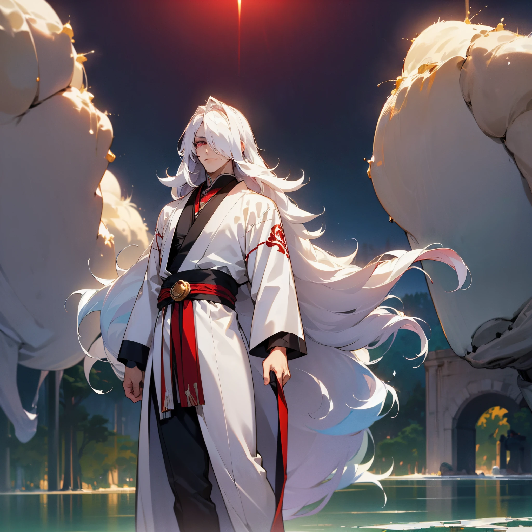 Anime - stylistic image of a man with long white hair, Man with white long hair standing in the lake and looking at the camera, ((tmasterpiece)), ((beste-Qualit, hight resolution, ultradetailed), bright colours, ((((1 male)))), Male character, grown up, tall muscular guy, wide shoulders, Strong Character, Fantasy, dnd, person, red-eyes, albino, (4 eyes:1.5), 2 Pairs of eyes, The Albino Man, Pure White Long Hair, White long hair (hair above one eye), (big hair), white colored hair, slick hair, straight hair, Creating an atmospheric atmosphere, pale skin, macabre, Gloomy design, Has red smoke and aura, eldritch, Creepy, nightmarish, light around the head, Additional lighting, Against the background of the sky, Beautiful and harmonious scene, Exquisite animation, Rich Details (width 672), hiquality, Четкость 4K, 4K Art Wallpaper, Stunning Anime Landscape, 8K Artistic Wallpaper, Anime - style of a beautiful sky scene with a star and planet, cosmic sky. makoto sinkai, Anime Art Wallpapers 4K, in a white kimono, looks at the viewer, canny smile, smirk, muscular back, Men's Back, white-haired god, White silk garment, Gold Pattern, BREAK, Dynamic posture