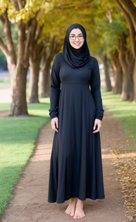 Full portrait of a 23 years old barefoot  woman wearing a black hijab, glasses and a longsleeved long modest dress,  calm smile, blue eyes, freckles.