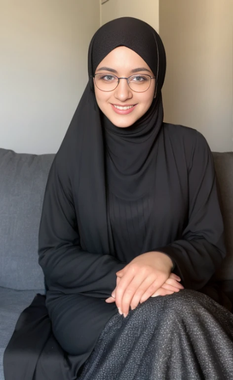 Full portrait of a 23 years old barefoot  woman wearing a black hijab, glasses and a longsleeved long modest dress,  calm smile, blue eyes, freckles.