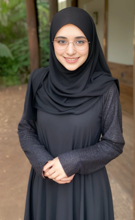 Full portrait of a 23 years old barefoot  woman wearing a black hijab, glasses and a longsleeved long modest dress,  calm smile, blue eyes, freckles.