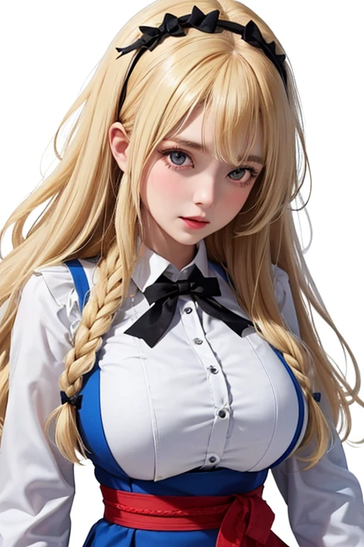 (masterpiece), (hyperrealistic),Pure face:1.3, perfect eyes,  Sexy face:1.1,Top quality:1.1, Fine face:1.1, Fine eyes:1.1, mature female,beautiful:1.1,1woman, embarrassed, (by Kentaro Yabuki),(by Kohei Horikoshi), (on back:1.5), (arms up:1.4), (open collared shirt), nipple,  blond hair, ( sidelocks, blunt bangs),upper body,pov