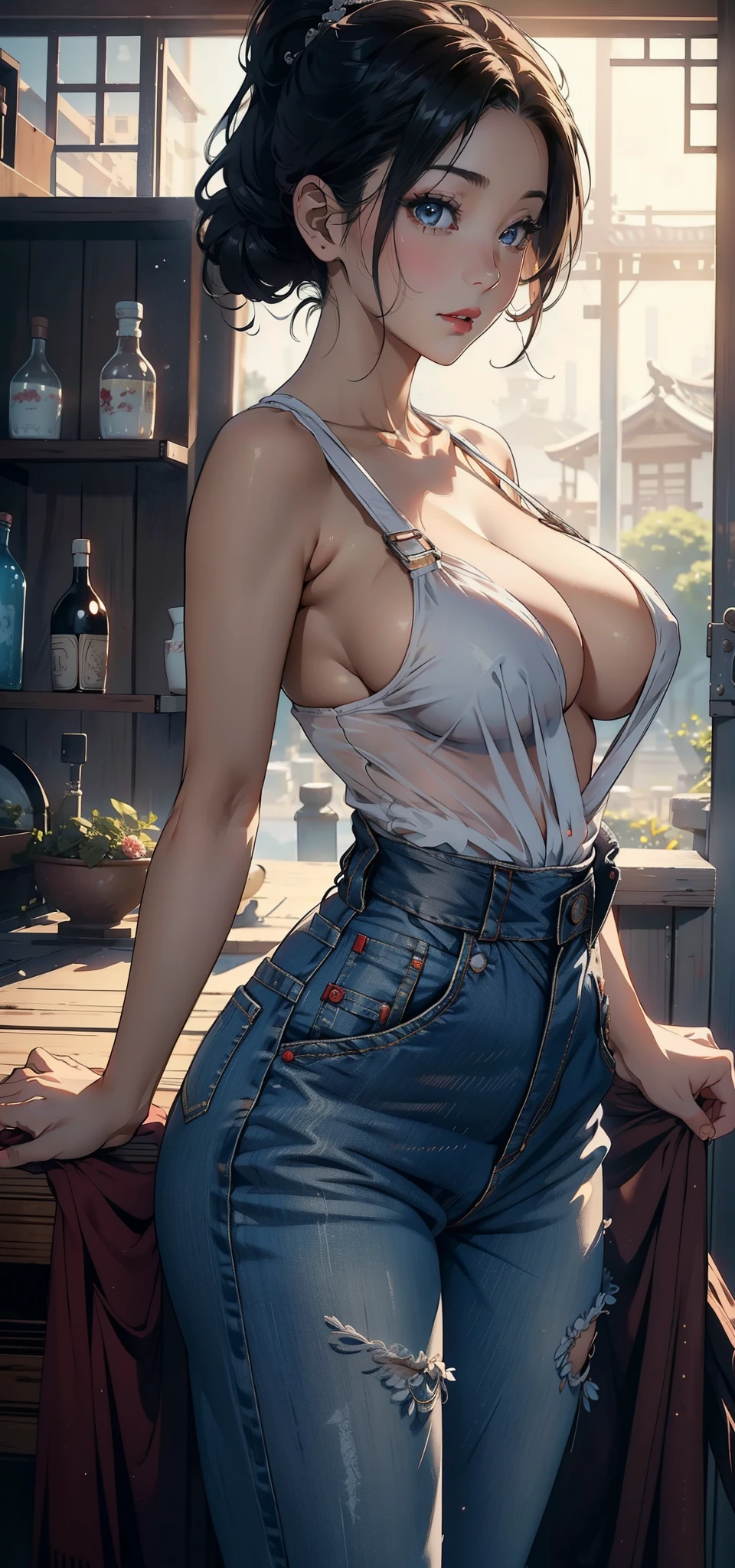 1female，45 yers old，A MILF，熟妇，mature，Married womittle bit chubby，The chest is large，Huge cleavage， A sagging breast，独奏，（Background with：ricefield） ，high ponytails，Short hair details，seen from the front， The sky is mostly cloudy，（（（tmasterpiece），（Very detailed CG unified 8k wallpaper），Best quality at best，电影灯光，detailed back ground，beautidful eyes，Bright pupils，黑The eye，Snow-whiteskin，Redlip（very delicate beautiful），（Beautiful and detailed eye descriptions），ultra - detailed，tmasterpiece，））facing at the camera，A high resolution，ultra - detailed），The chest is large，A sagging breast，revealing breasts，Bare genitals，  convex，legs are open，Raised sexy，Camel toes，face flushed，sheer transparent clothes，Woman（dressed in：denim pant，Coveralls）