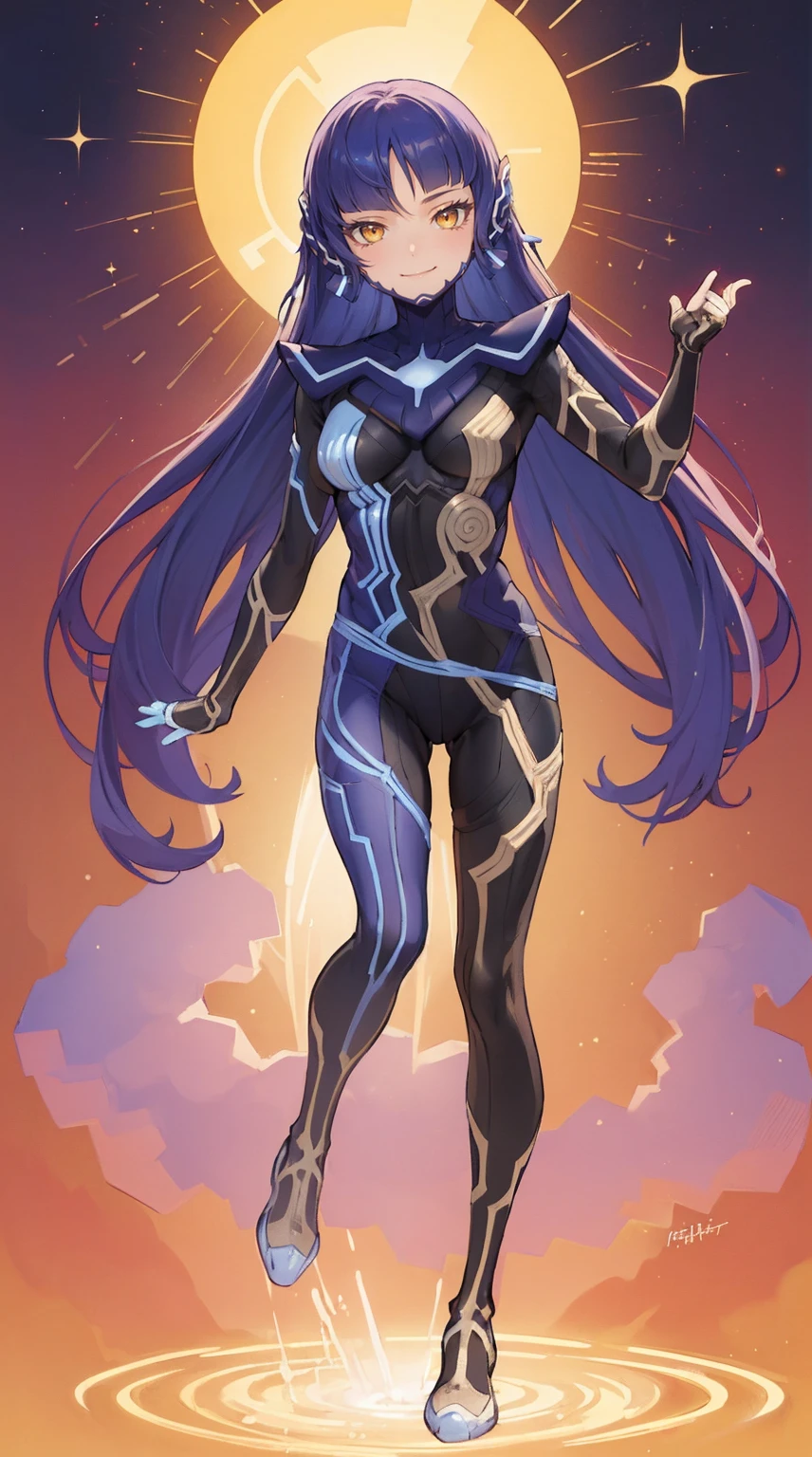 Create a catwoman with dark skin, blue hair with ponytail, blue cat tail, toned body with white energy in hands and legs