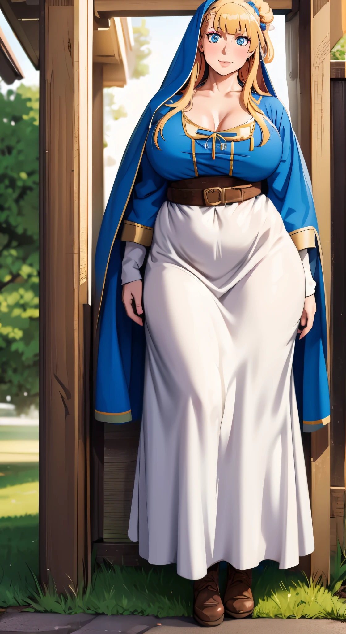 galko,1girl, solo, smile, full body, standing, long skirt, priestess, religious, holy, cute, blush, ,tall female, medieval clothing, white veil, tunic, long skirt,boots, huge brest, curvy,sexy, sensual, volouptouse, thicc, , jade green eyes, makeup, half lipstic,