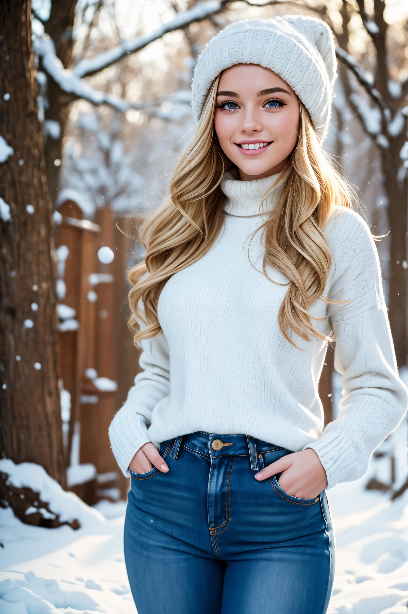 UHD, masterpiece, 1 gorgeous blonde woman with long wavy hair wearing a wool turtleneck sweater, a bonnet on the head and tight jeans pants, 23 years old, she’s a playboy magazine model, (throwing snowballs:1.0), having a great fun playing Snowball Fight, smile, happiness, canon 85 mm, Light depth of field, Kodak Ektar 200, perfect fit body, extremly detailed, Kodak gold 200