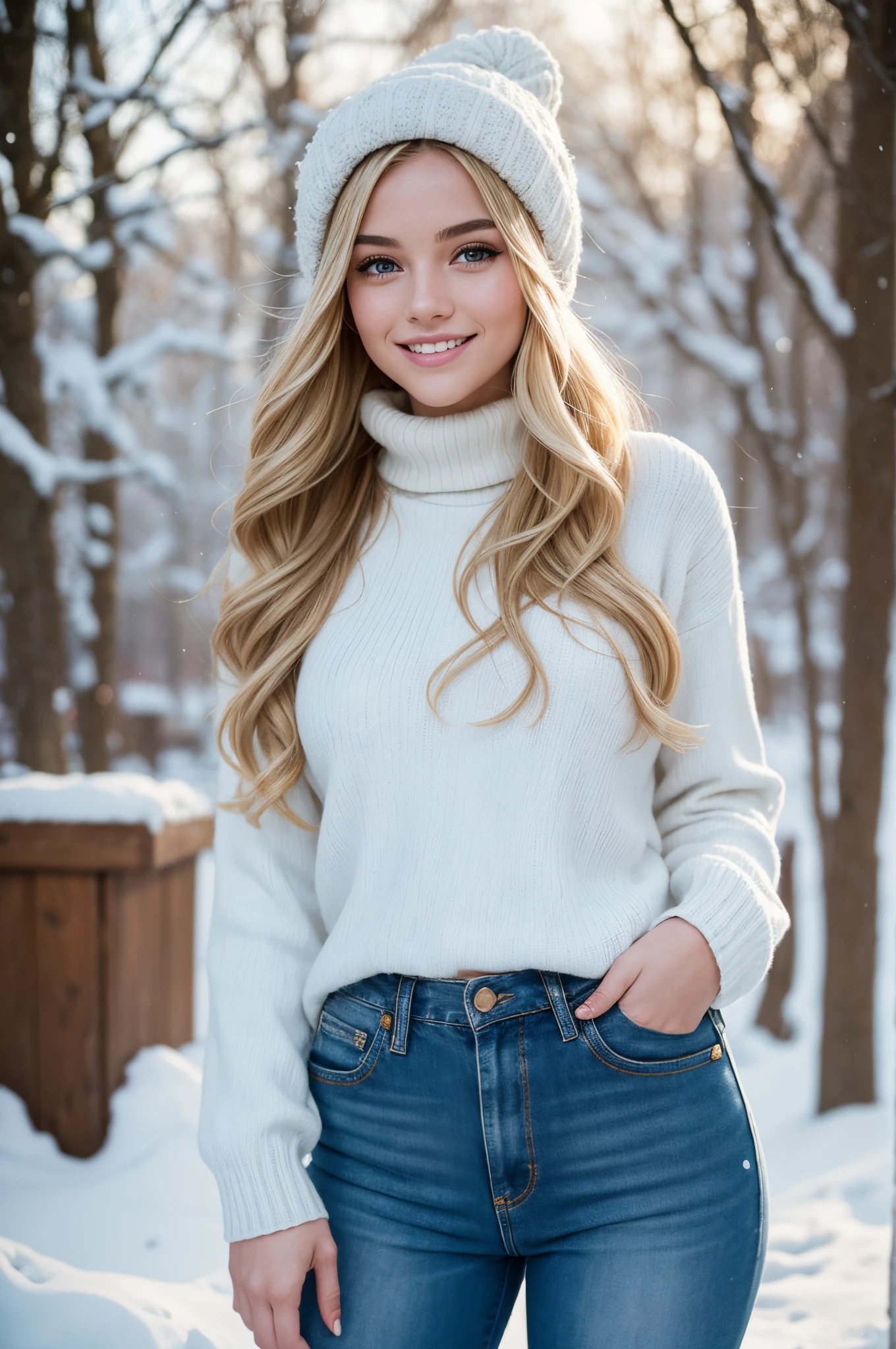 UHD, masterpiece, 1 gorgeous blonde woman with long wavy hair wearing a wool turtleneck sweater, a bonnet on the head and tight jeans pants, 23 years old, she’s a playboy magazine model, (throwing snowballs:1.0), having a great fun playing Snowball Fight, smile, happiness, canon 85 mm, Light depth of field, Kodak Ektar 200, perfect fit body, extremly detailed, Kodak gold 200