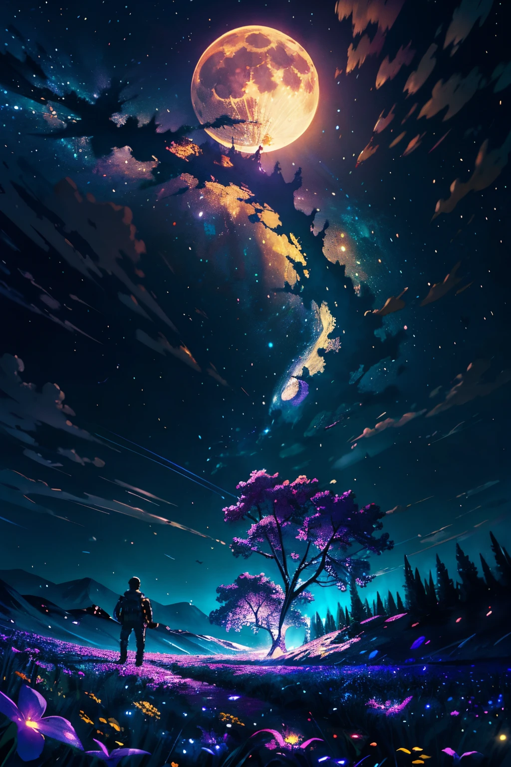expansive landscape photograph , (a view from below that shows sky above and open field below), a boy standing on flower field looking up, (full moon:1.2), ( shooting stars:0.9), (nebula:1.3), distant mountain, tree BREAK
production art, (warm light source:1.2), (Firefly:1.2), lamp, lot of purple and orange, intricate details, volumetric lighting BREAK
(masterpiece:1.2), (best quality), 4k, ultra-detailed, (dynamic composition:1.4), highly detailed, colorful details,( iridescent colors:1.2), (glowing lighting, atmospheric lighting), dreamy, magical, (solo:1.2)