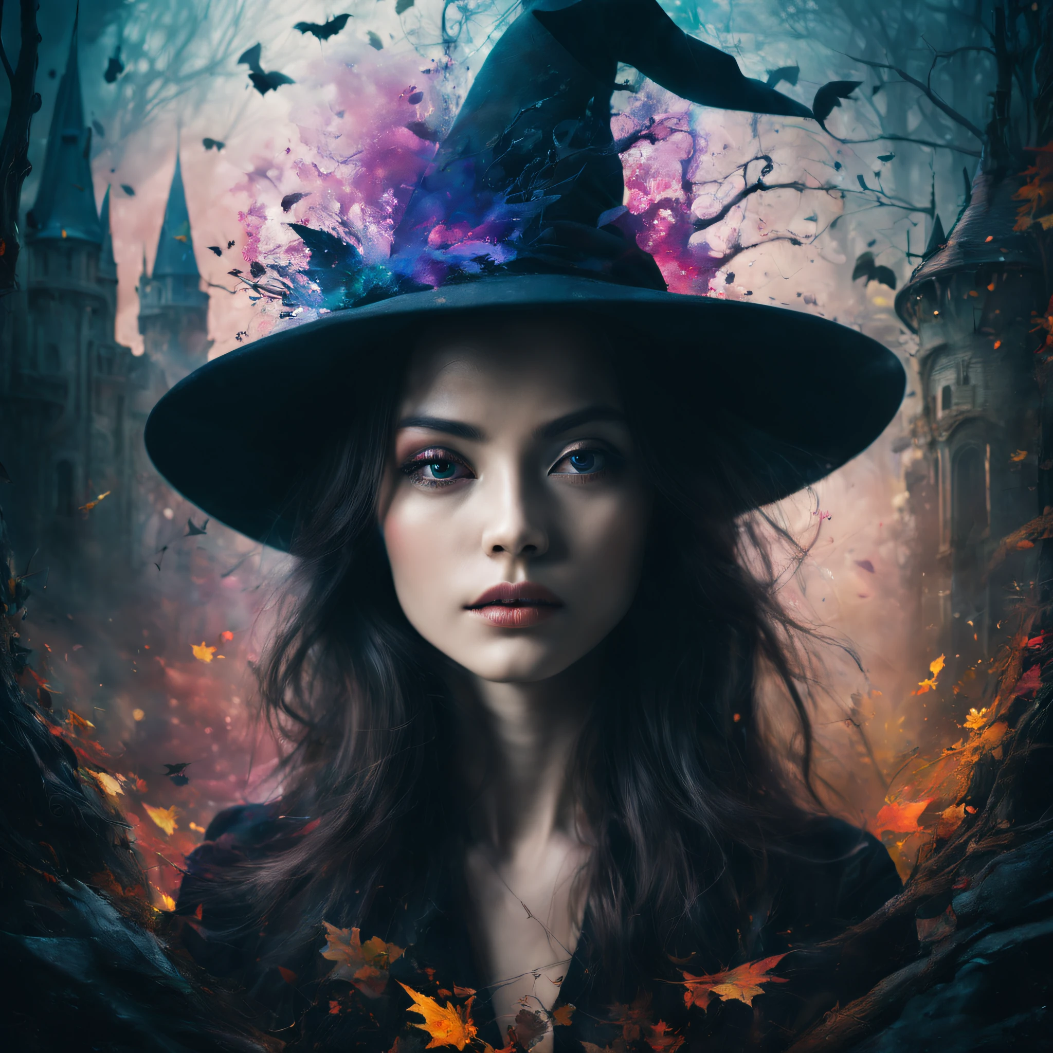 （best qualtiy，4k，8k，high rise，tmasterpiece：1.2），super-fine，（realisticlying，Foto realism，Photo fidelity：1.37），Portrait of a witch，double exposure effect，dramatic lights，Vivid colors，long exposure technology，creative composition，artsy photography，hight contrast，abstract elements，Emotionally captivating，Expressive eyes，Soft focus，vague background，Beautiful detail lips，Multiple exposures，Different Perspectives、colorful magic forest，Castle。distinct texture、overlapping images、A harmonious blend of themes、art story、Surreal atmosphere、Experimental Technology、imaginative exploration、artistic expression、Artistic interpretation、Creative experimentation、personal narrative、Layered composition、Ethereal aesthetics、Striking visual impact、visual depth、magic realism、Poetic atmosphere，detailed meticulous，Visual poetry