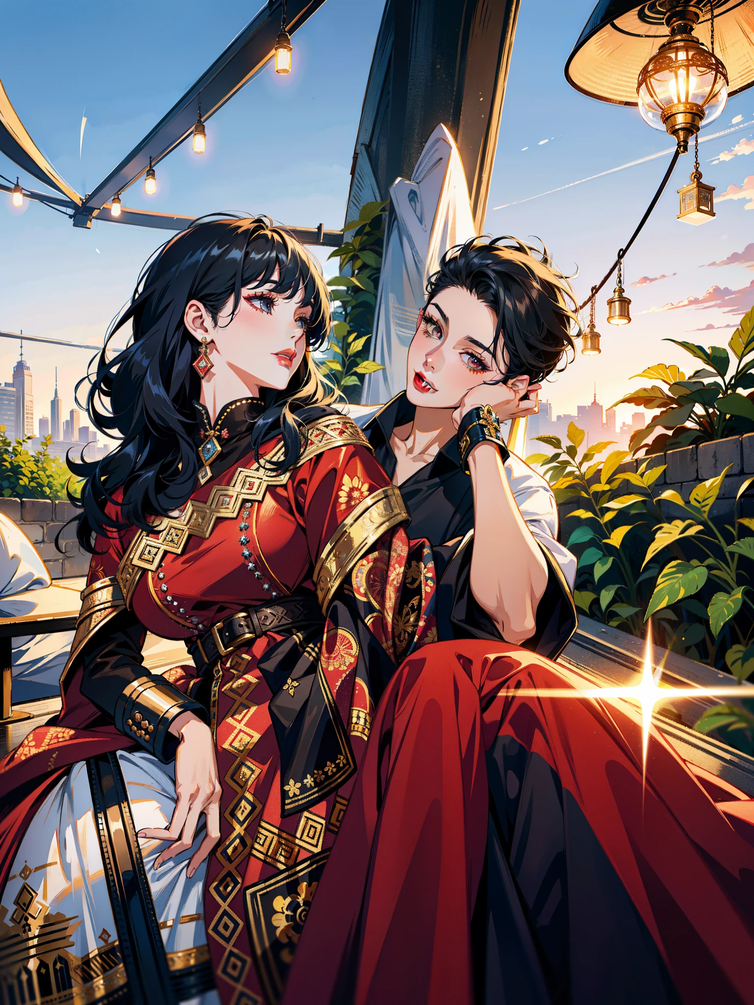 (masterpiece),(best quality:1.0), (ultra highres:1.0), detailed illustration, 8k, anime, Genshin Impact, 1girl, beautiful girl, Girl has Electro Vision, intricate details, black eyes, detailed eyes, black hair, detailed hair detailed, highlights on hair, smile, red lipstick, red lips, detailed lips, 1 boy, young boy, Boy has Pyro Vison, stylish hair, anime style, best quality, detailed, both smiling