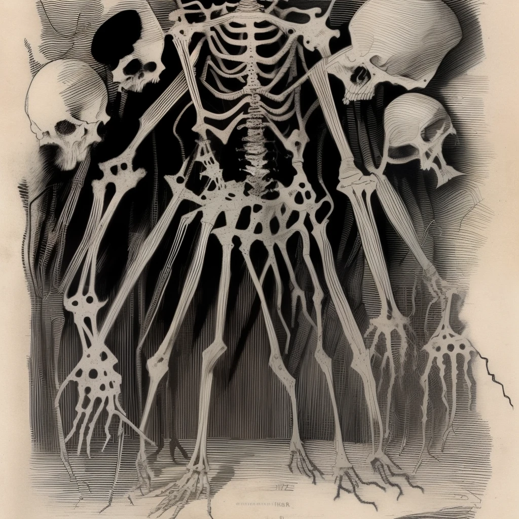 Nachts, Ein schwarzer Sensenmann mit einer langen, spitzen Sense. Der Sensenmann ist halb tot und halb lebendig und Hunderte von Jahren alt. He is big and made only of bones (Skelette) and has a big bloody scythe.