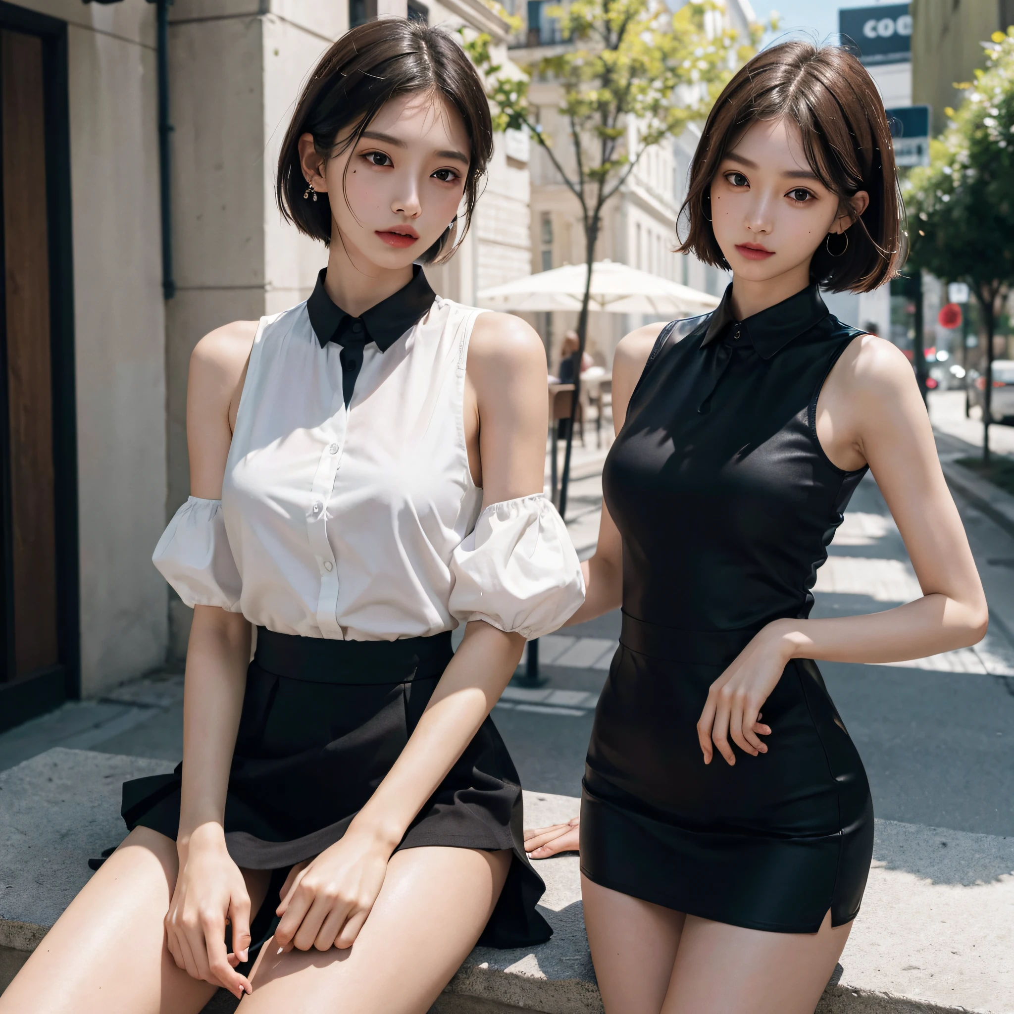 absurdres, RAW photo, extremely delicate and beautiful, masterpiece, Best Quality, ultra high resolution, 16k, hyperrealistic, ultra-detailed, (perfect anatomy), super Detailed skin, perfect figure, Very detailed CG 8k wallpaper, in her 20s, very Slim body, narrow waist, very small head, very small face, delicate facial features, tearful mole, mole on chest, earring, thin legs, very huge round breasts, 2 girls, full body shot, short medium hair, (collared dress shirt), tight skirt, sleeveless, outdoor,