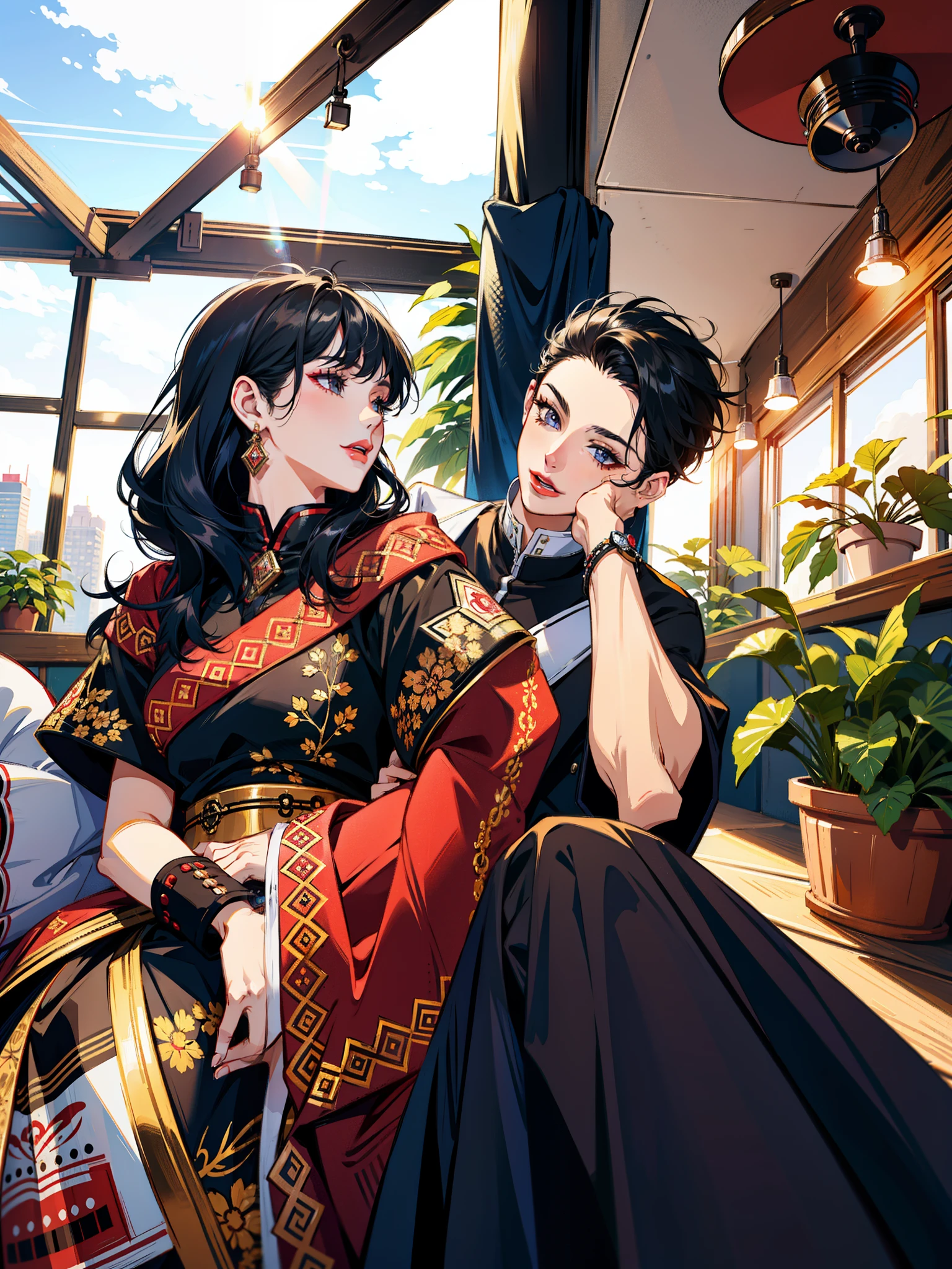 (masterpiece),(best quality:1.0), (ultra highres:1.0), detailed illustration, 8k, anime, Genshin Impact, 1girl, beautiful girl, Girl has Electro Vision, intricate details, black eyes, detailed eyes, black hair, detailed hair detailed, highlights on hair, smile, red lipstick, red lips, detailed lips, 1 boy, young boy, Boy has Pyro Vison, stylish hair, anime style, best quality, detailed, both smiling
