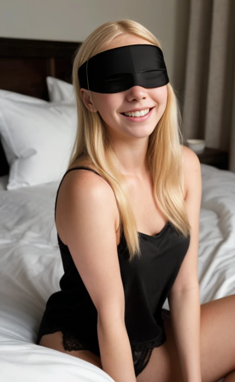 portrait of a 23 years old blonde woman wearing a black sleepmask as a blindfold and a black spaghetti top,  calm smile, freckles, sitting in a bed.